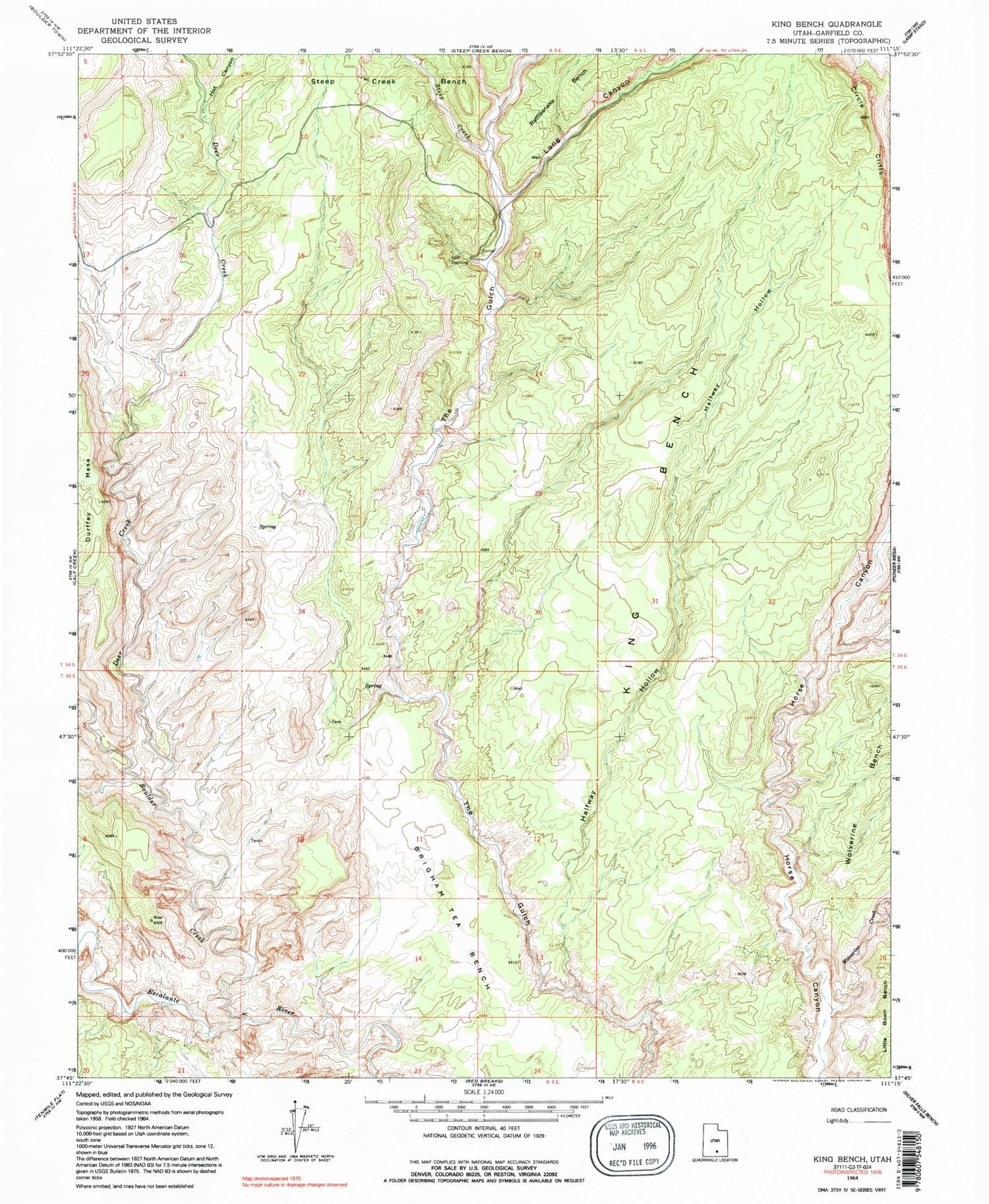 Classic USGS King Bench Utah 7.5'x7.5' Topo Map Image