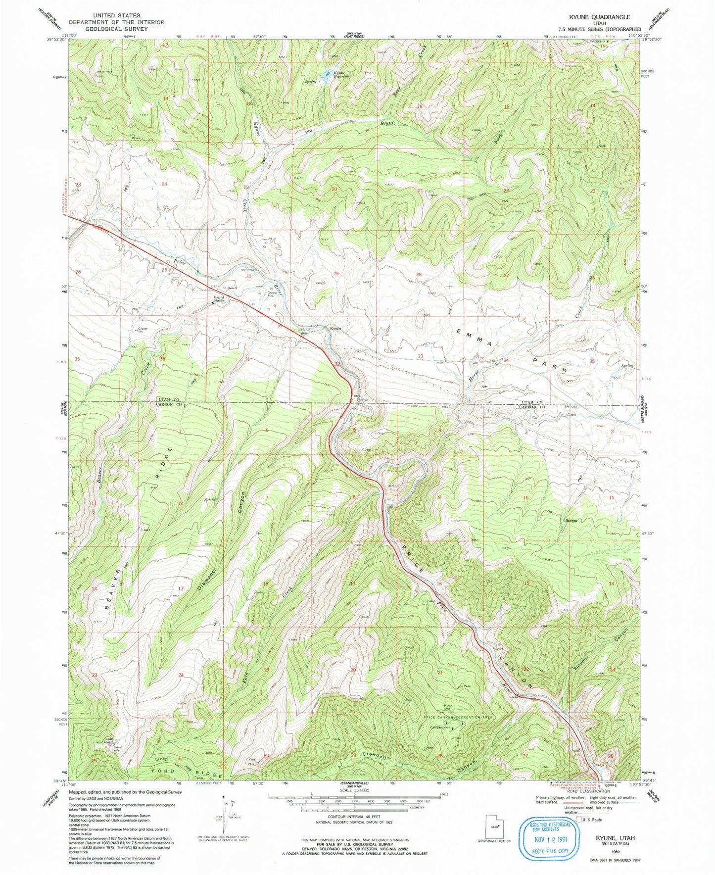 Classic USGS Kyune Utah 7.5'x7.5' Topo Map Image