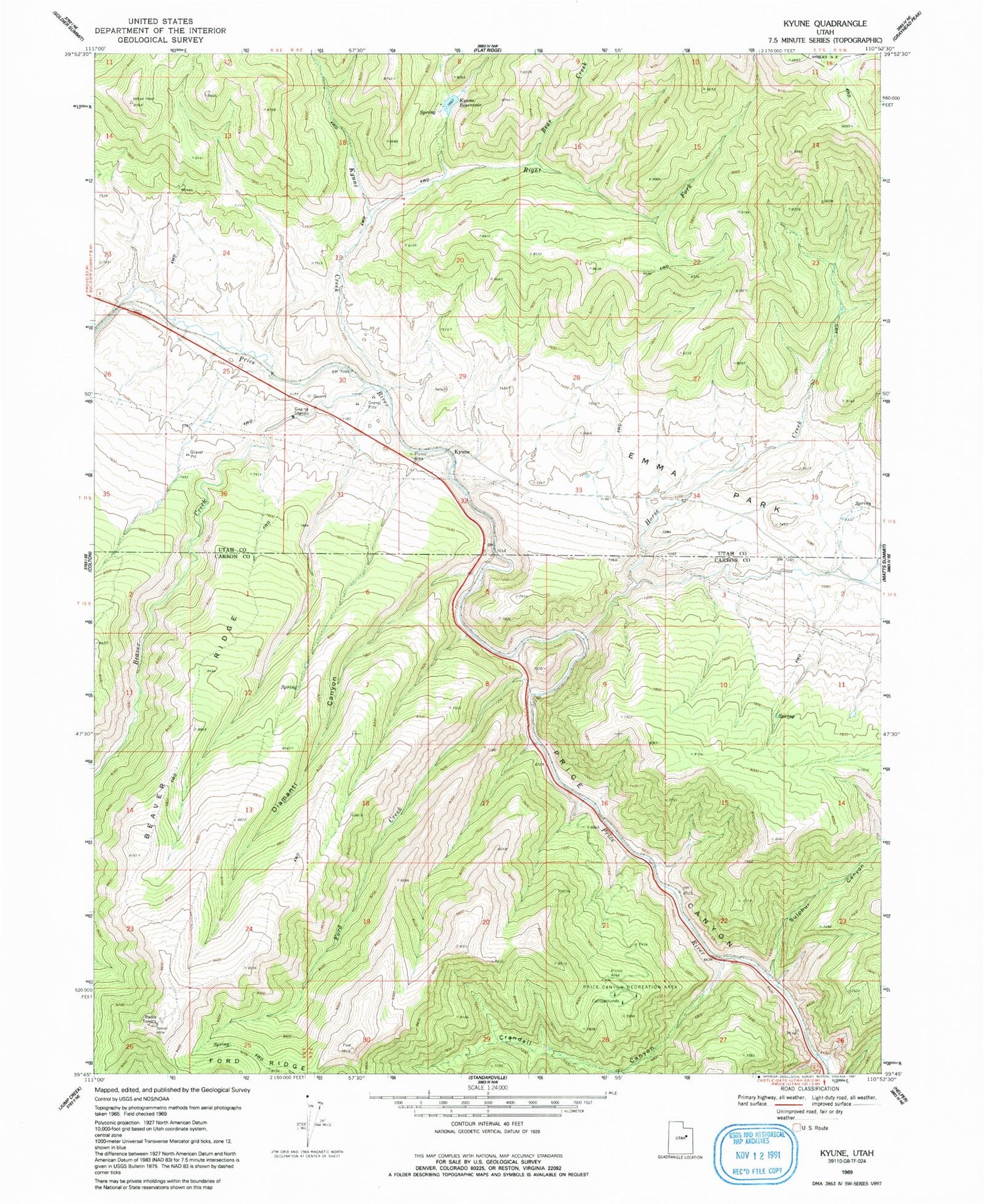 Classic USGS Kyune Utah 7.5'x7.5' Topo Map Image