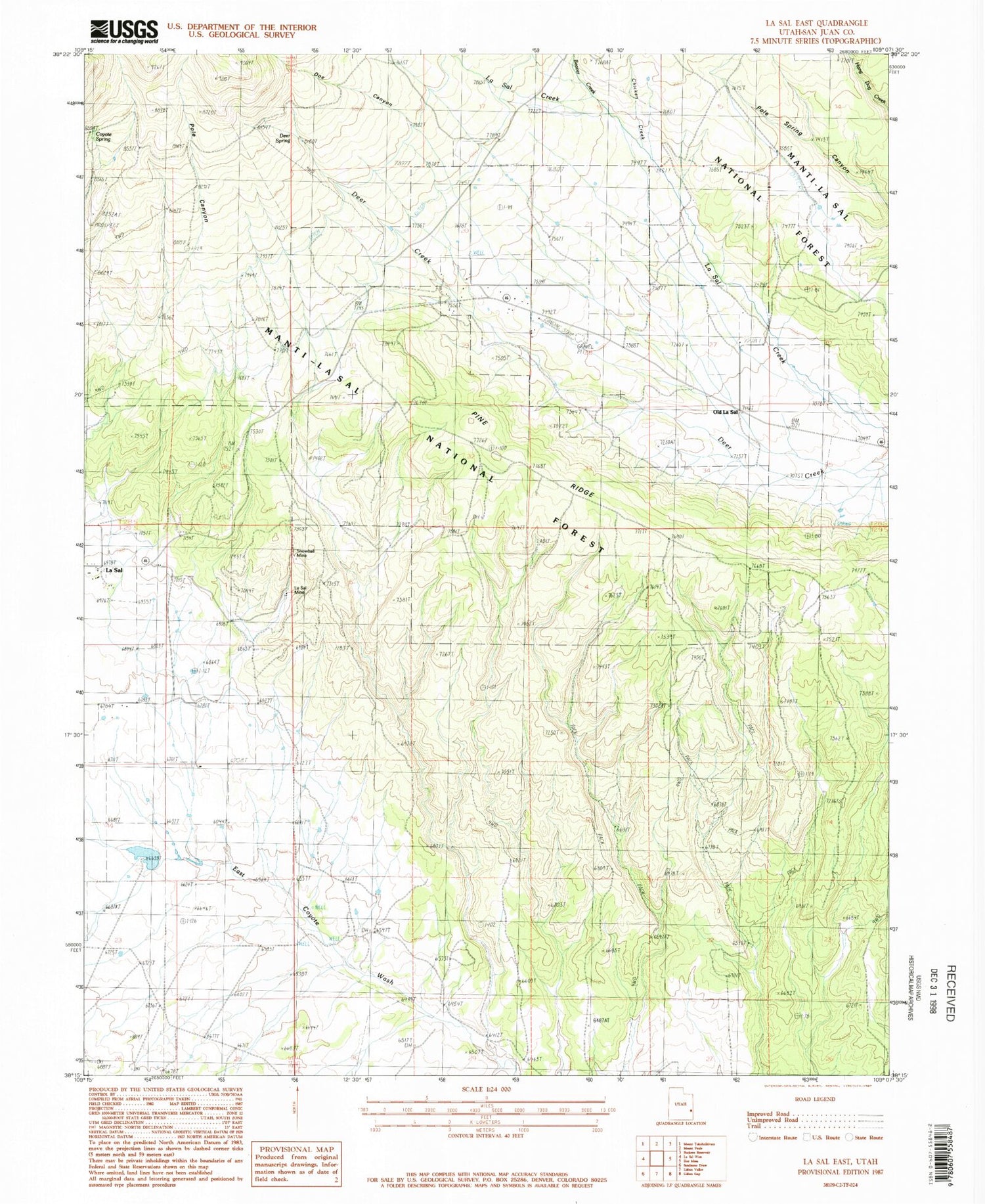 Classic USGS La Sal East Utah 7.5'x7.5' Topo Map Image