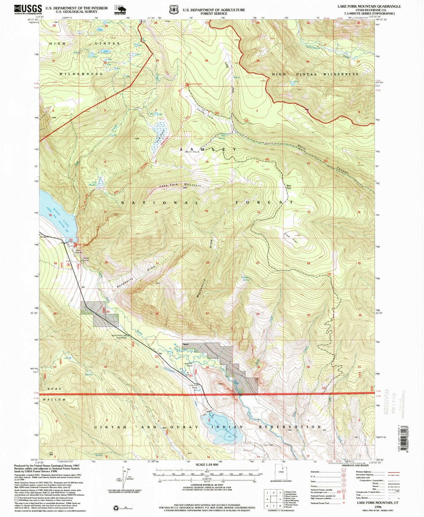 Classic USGS Lake Fork Mountain Utah 7.5'x7.5' Topo Map Image