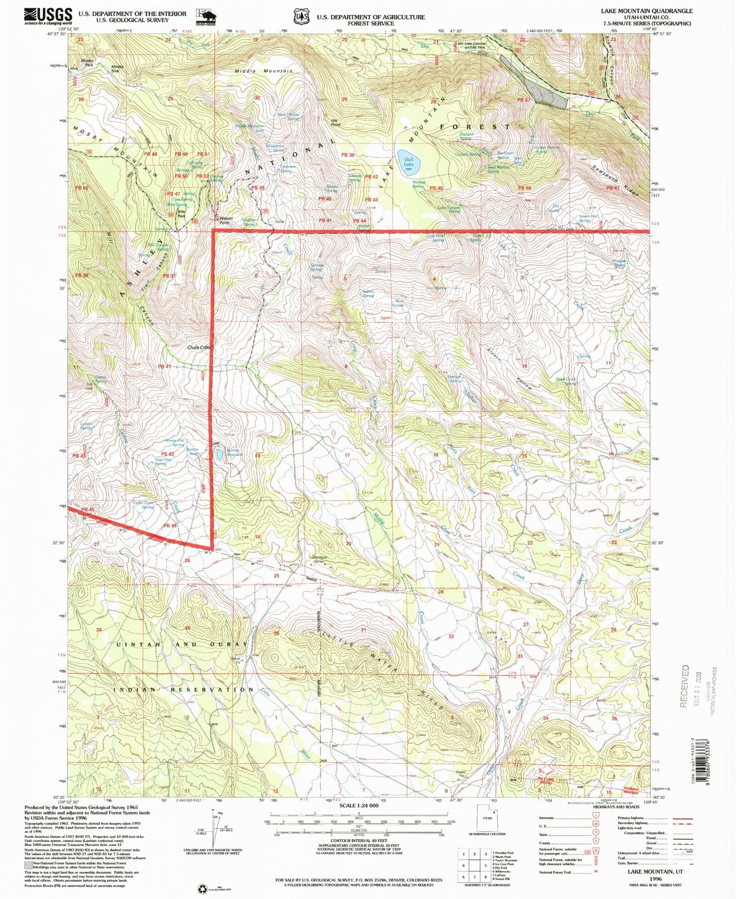 Classic USGS Lake Mountain Utah 7.5'x7.5' Topo Map Image