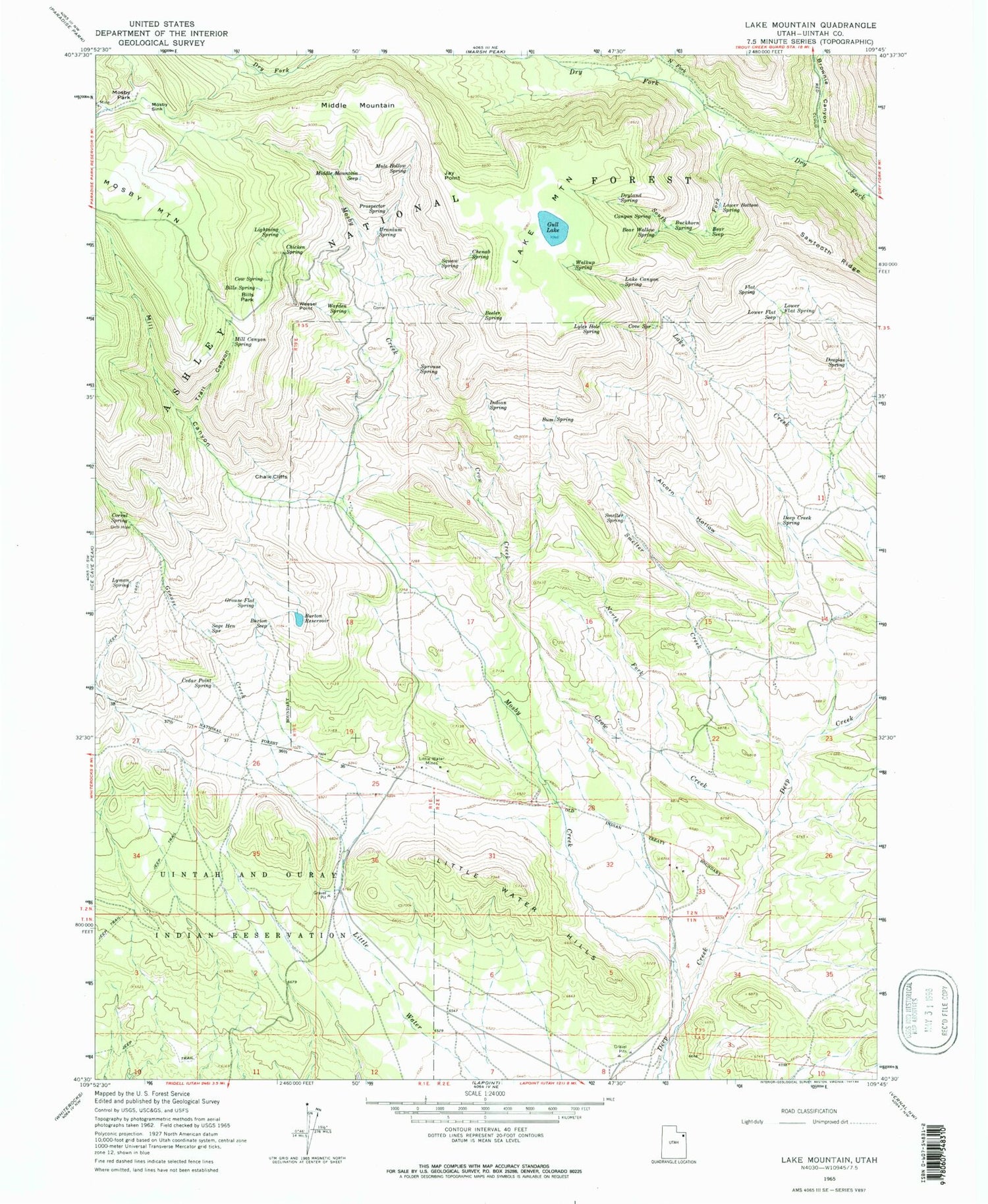 Classic USGS Lake Mountain Utah 7.5'x7.5' Topo Map Image