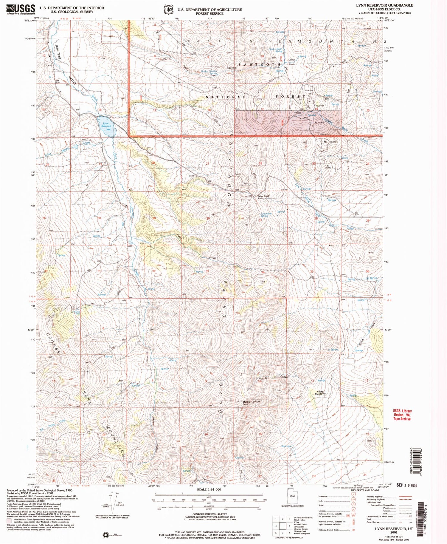 Classic USGS Lynn Reservoir Utah 7.5'x7.5' Topo Map Image