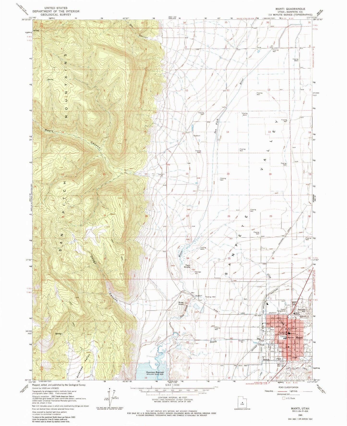 Classic USGS Manti Utah 7.5'x7.5' Topo Map Image