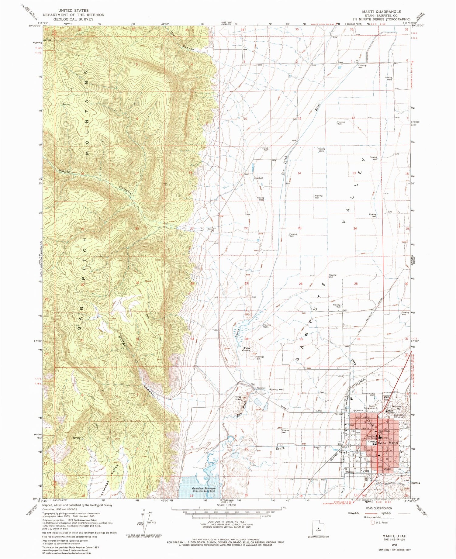 Classic USGS Manti Utah 7.5'x7.5' Topo Map Image