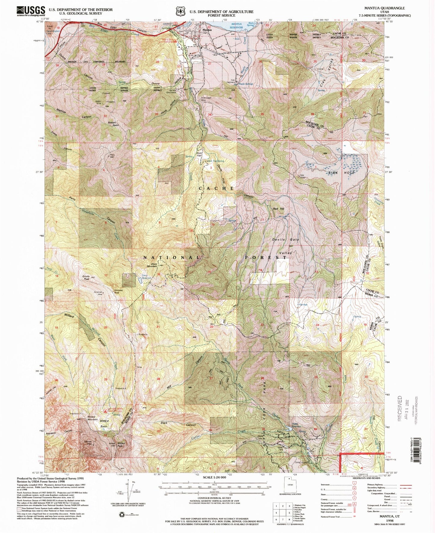 Classic USGS Mantua Utah 7.5'x7.5' Topo Map Image