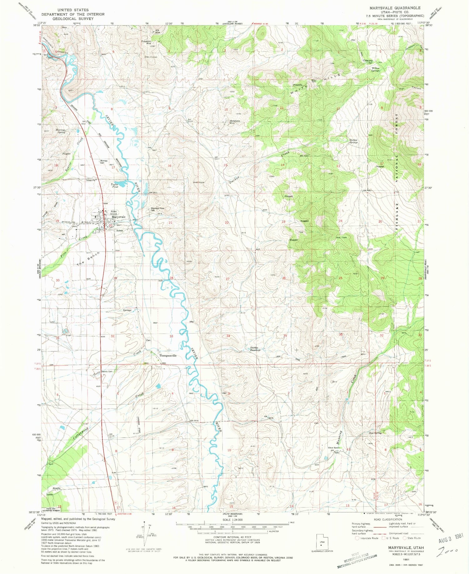 Classic USGS Marysvale Utah 7.5'x7.5' Topo Map Image