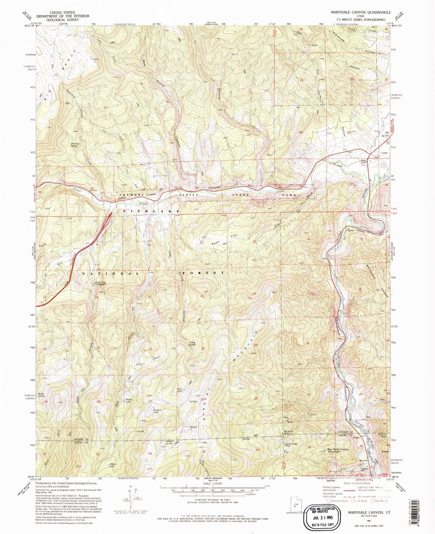 Classic USGS Marysvale Canyon Utah 7.5'x7.5' Topo Map Image