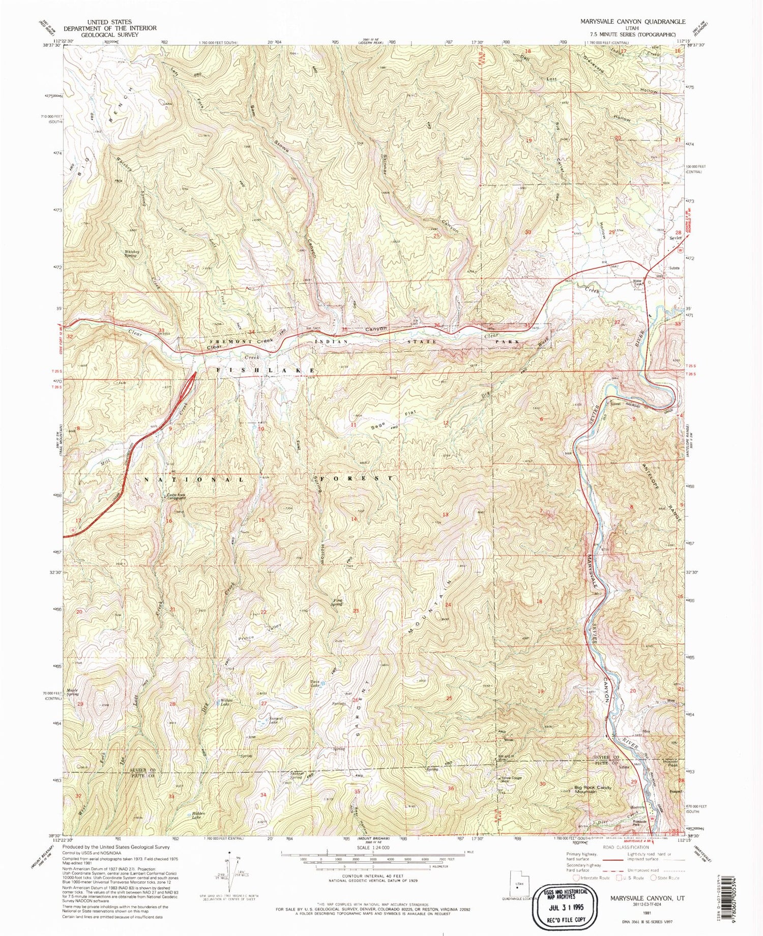 Classic USGS Marysvale Canyon Utah 7.5'x7.5' Topo Map Image
