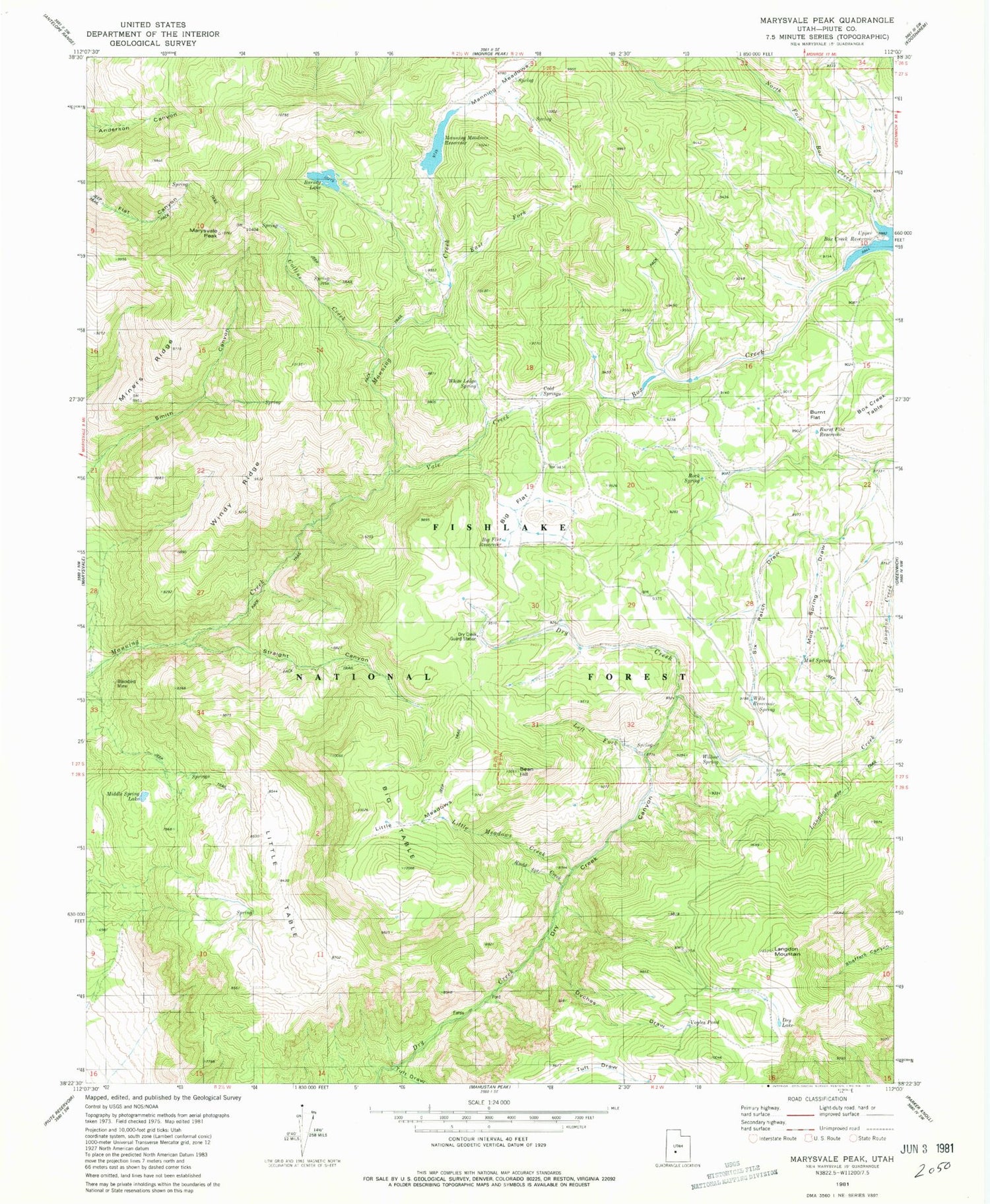 Classic USGS Marysvale Peak Utah 7.5'x7.5' Topo Map Image