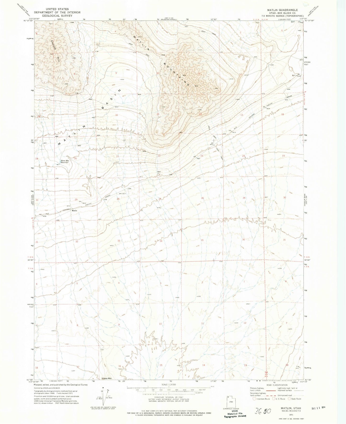 Classic USGS Matlin Utah 7.5'x7.5' Topo Map Image