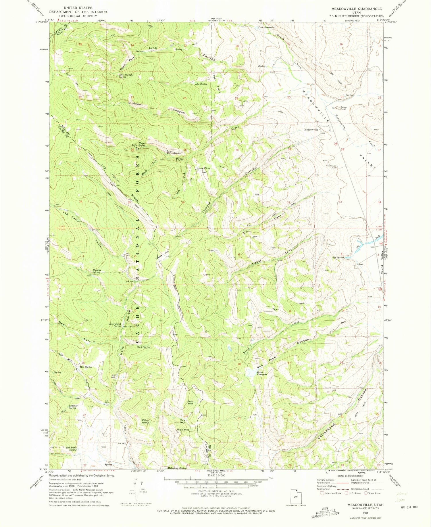 Classic USGS Meadowville Utah 7.5'x7.5' Topo Map Image