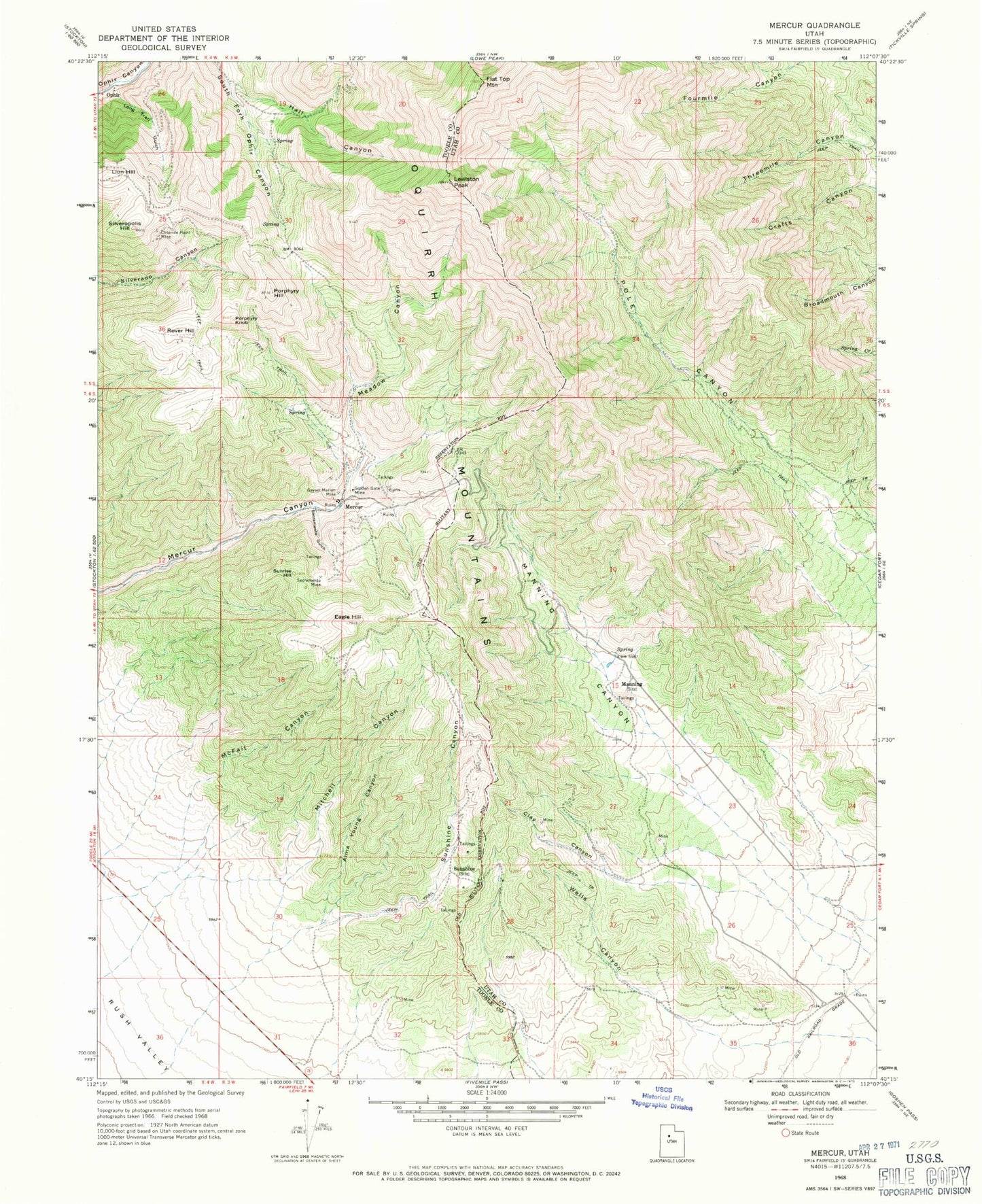 Classic USGS Mercur Utah 7.5'x7.5' Topo Map Image