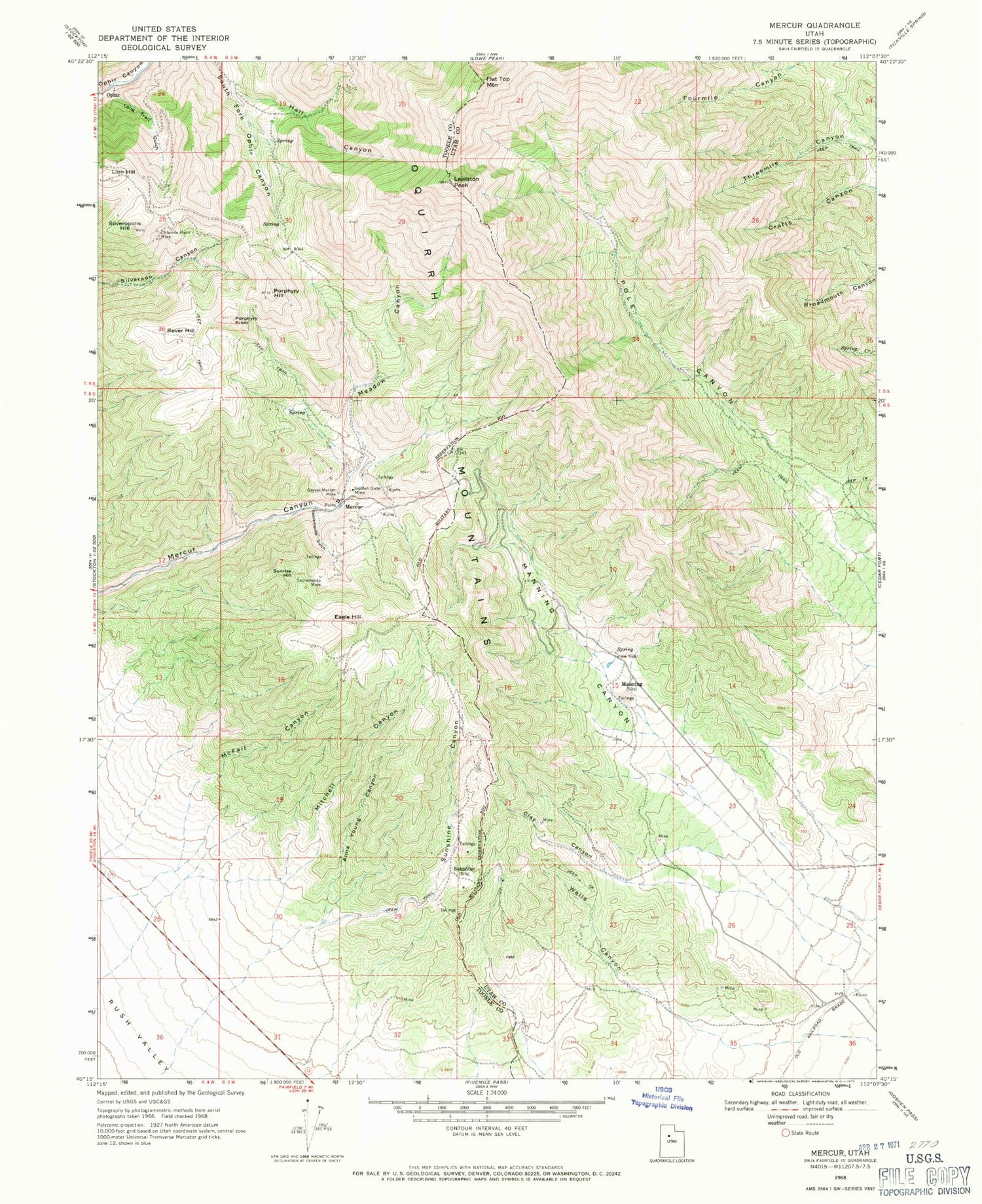Classic USGS Mercur Utah 7.5'x7.5' Topo Map Image