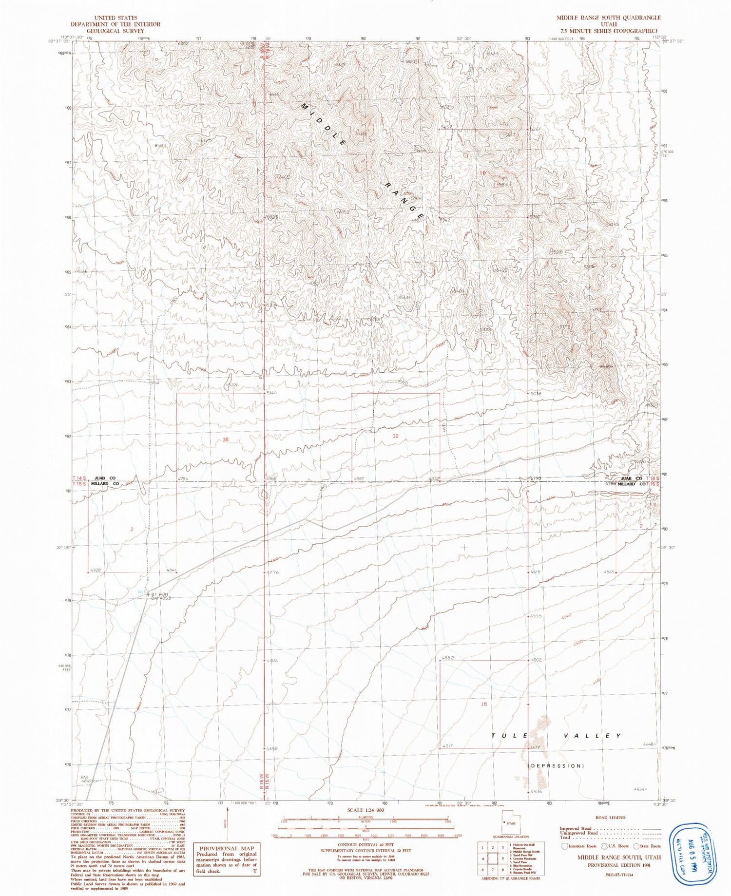 Classic USGS Middle Range South Utah 7.5'x7.5' Topo Map Image