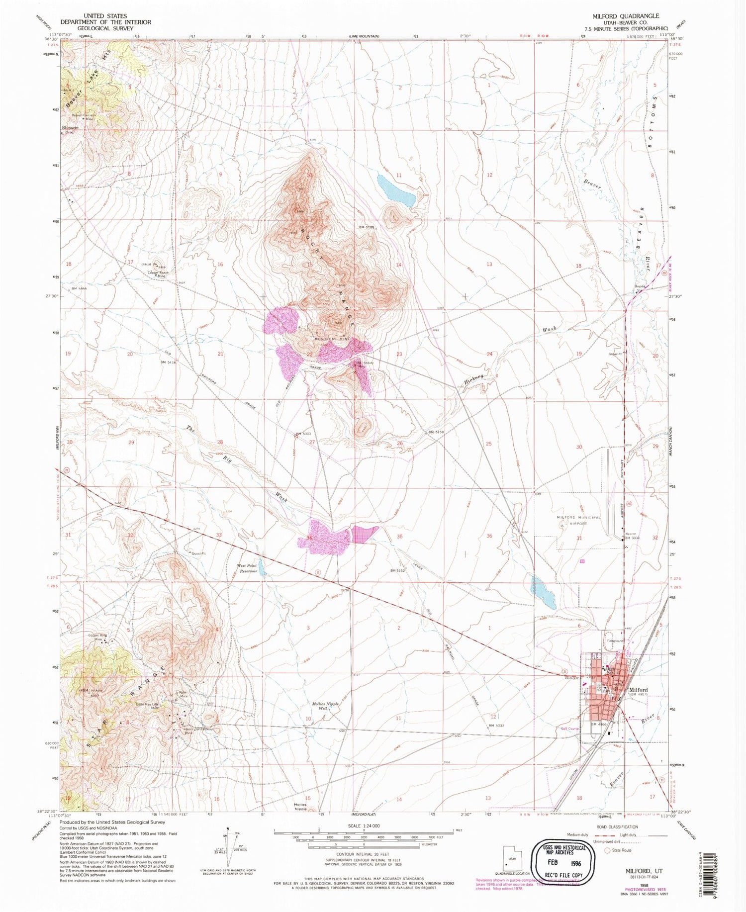 Classic USGS Milford Utah 7.5'x7.5' Topo Map Image