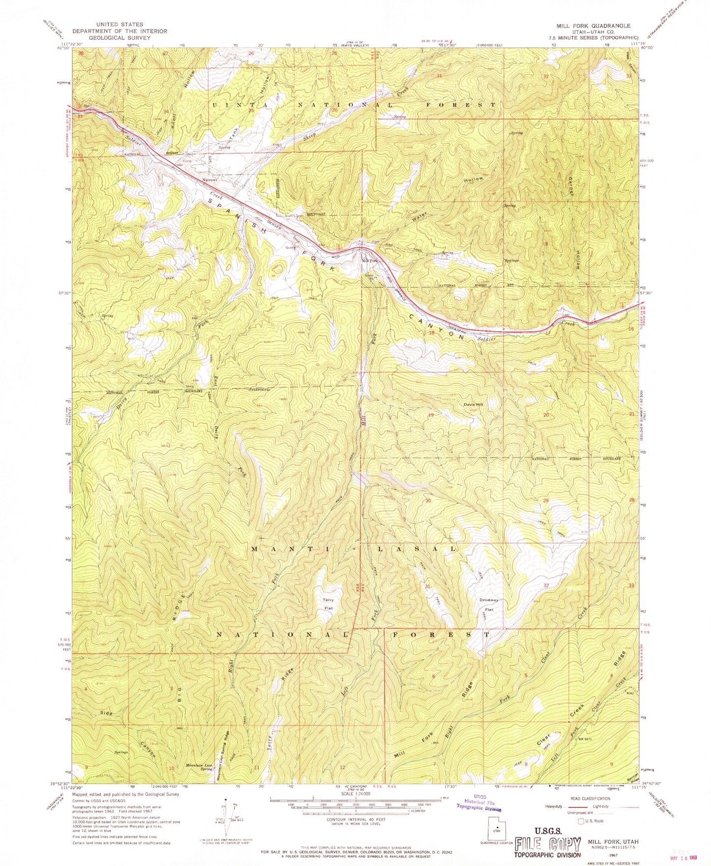 Classic USGS Mill Fork Utah 7.5'x7.5' Topo Map Image