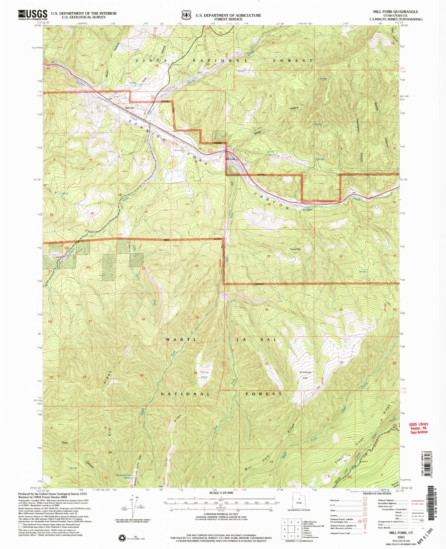Classic USGS Mill Fork Utah 7.5'x7.5' Topo Map Image