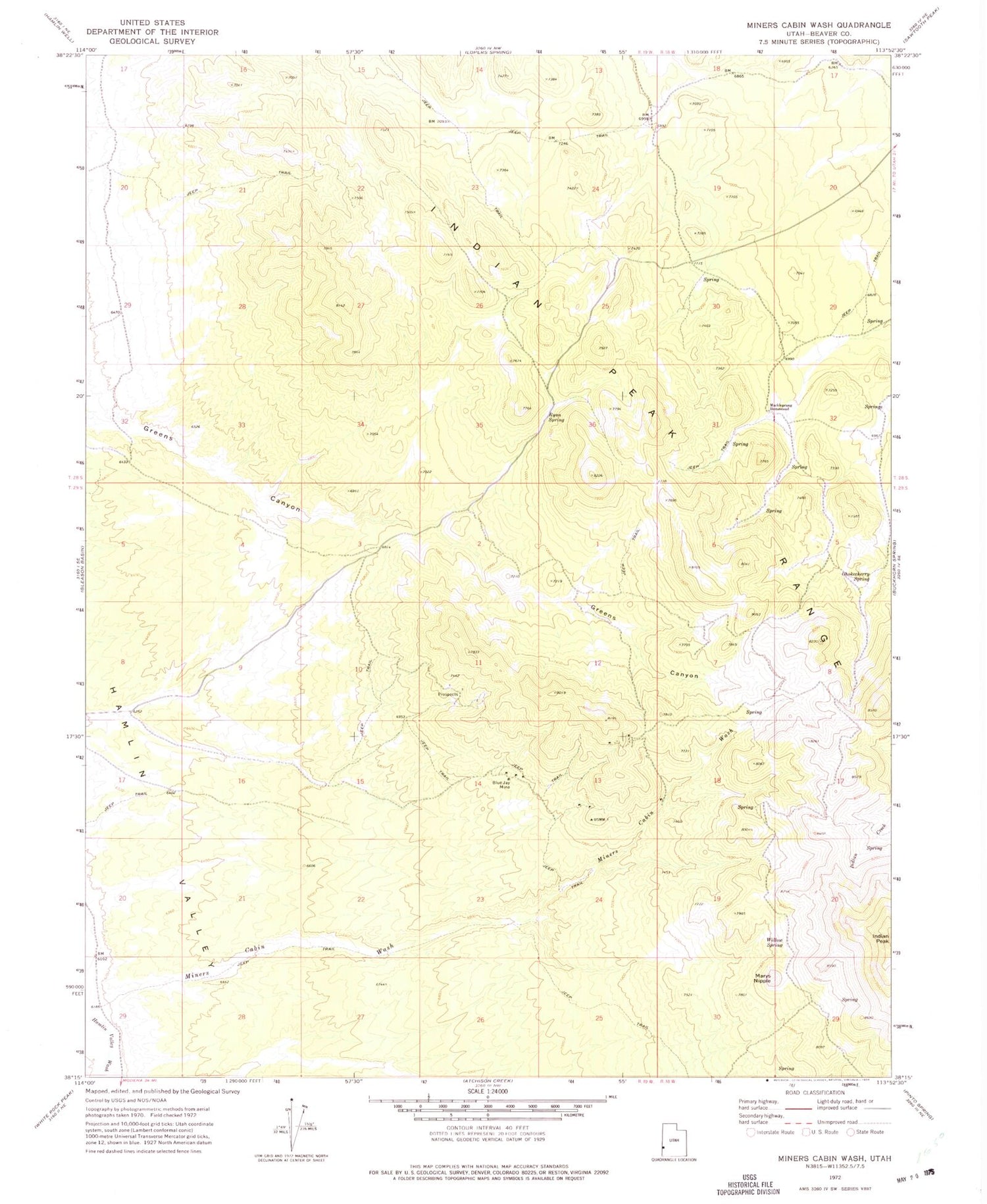Classic USGS Miners Cabin Wash Utah 7.5'x7.5' Topo Map Image