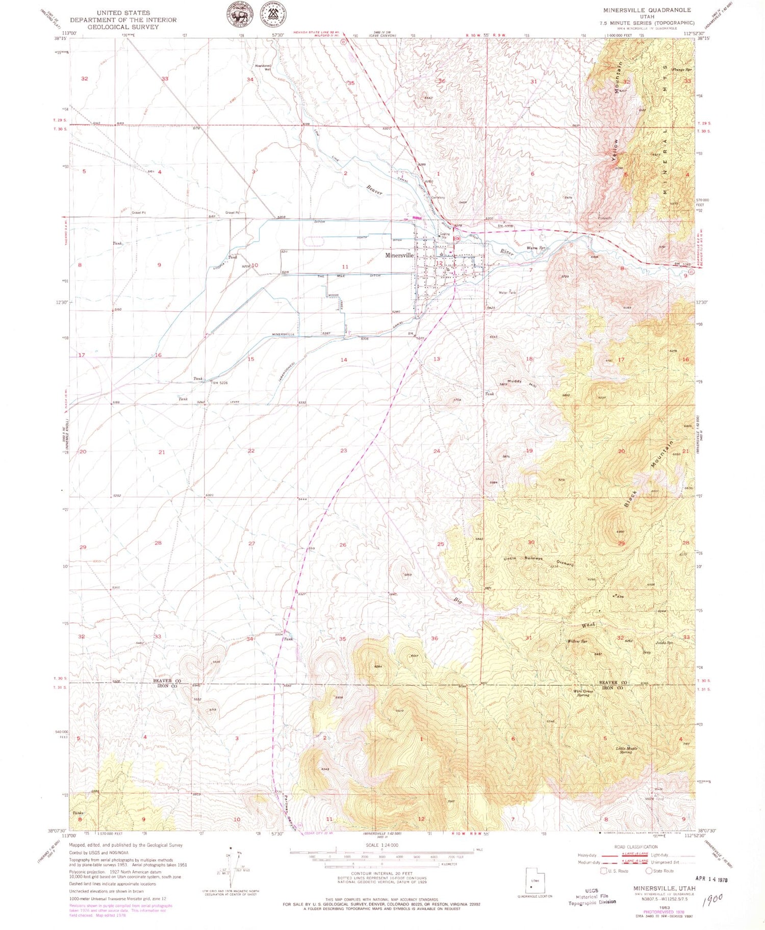 Classic USGS Minersville Utah 7.5'x7.5' Topo Map Image