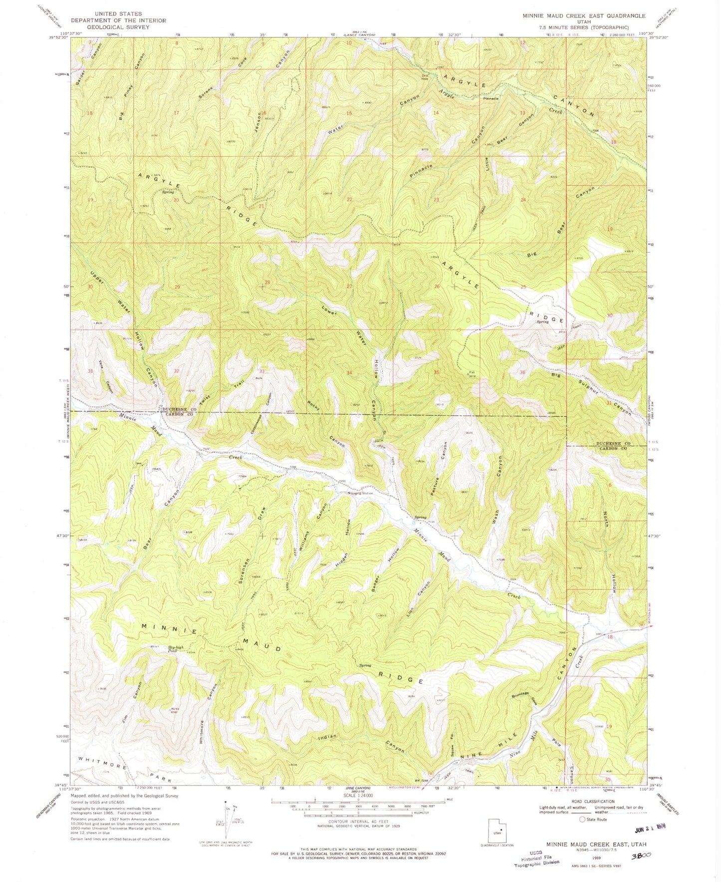 Classic USGS Minnie Maud Creek East Utah 7.5'x7.5' Topo Map Image
