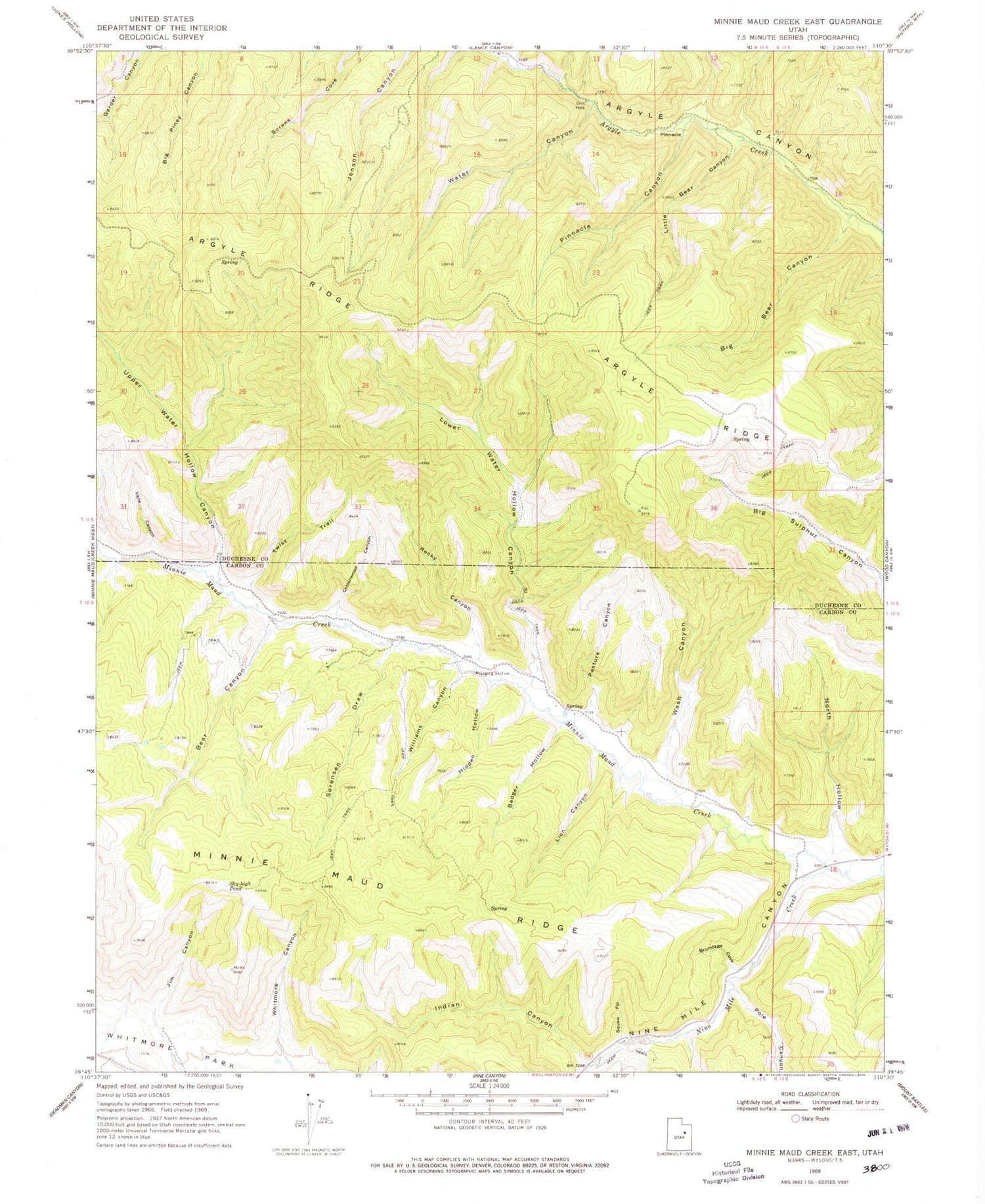 Classic USGS Minnie Maud Creek East Utah 7.5'x7.5' Topo Map Image
