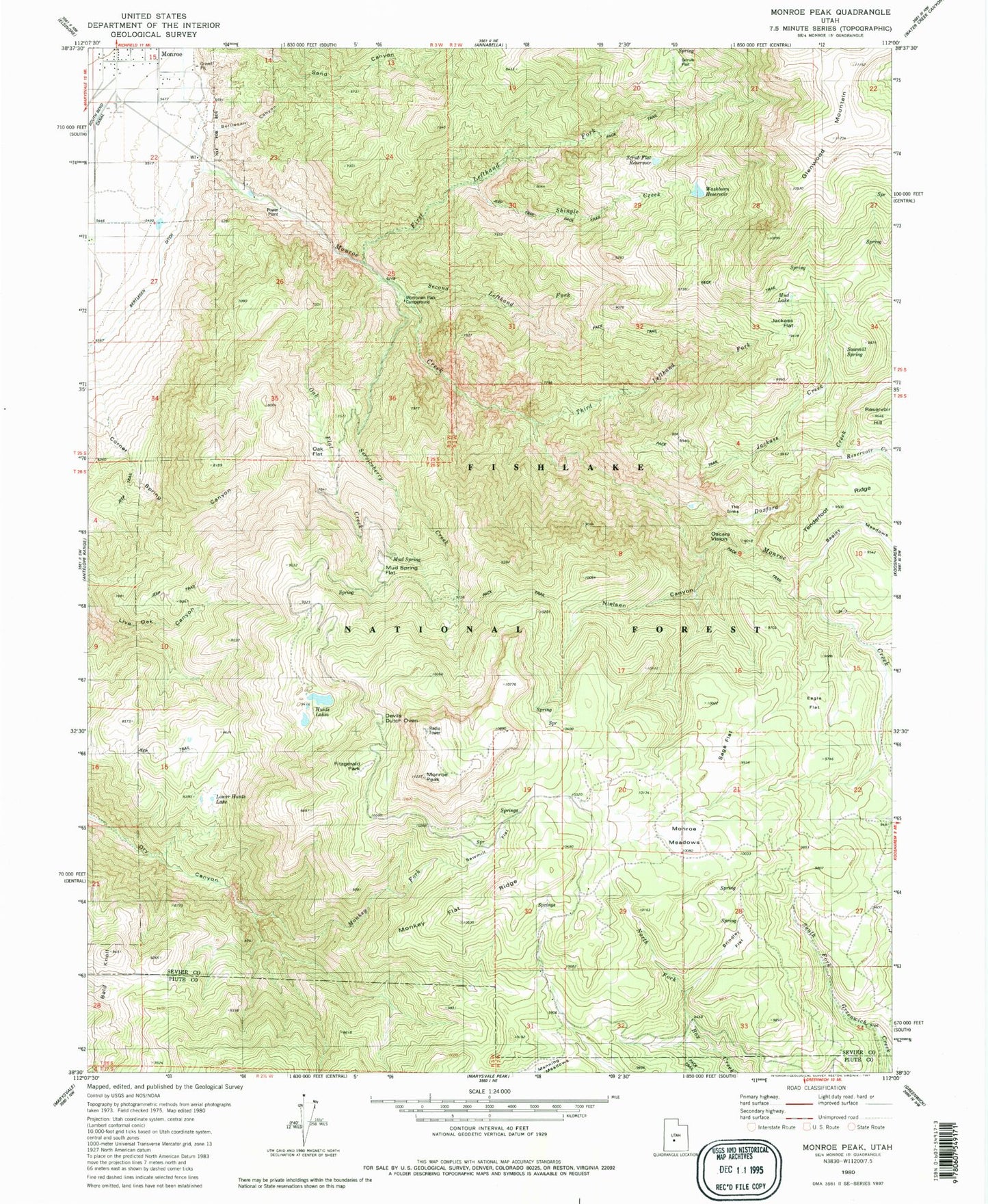 Classic USGS Monroe Peak Utah 7.5'x7.5' Topo Map Image