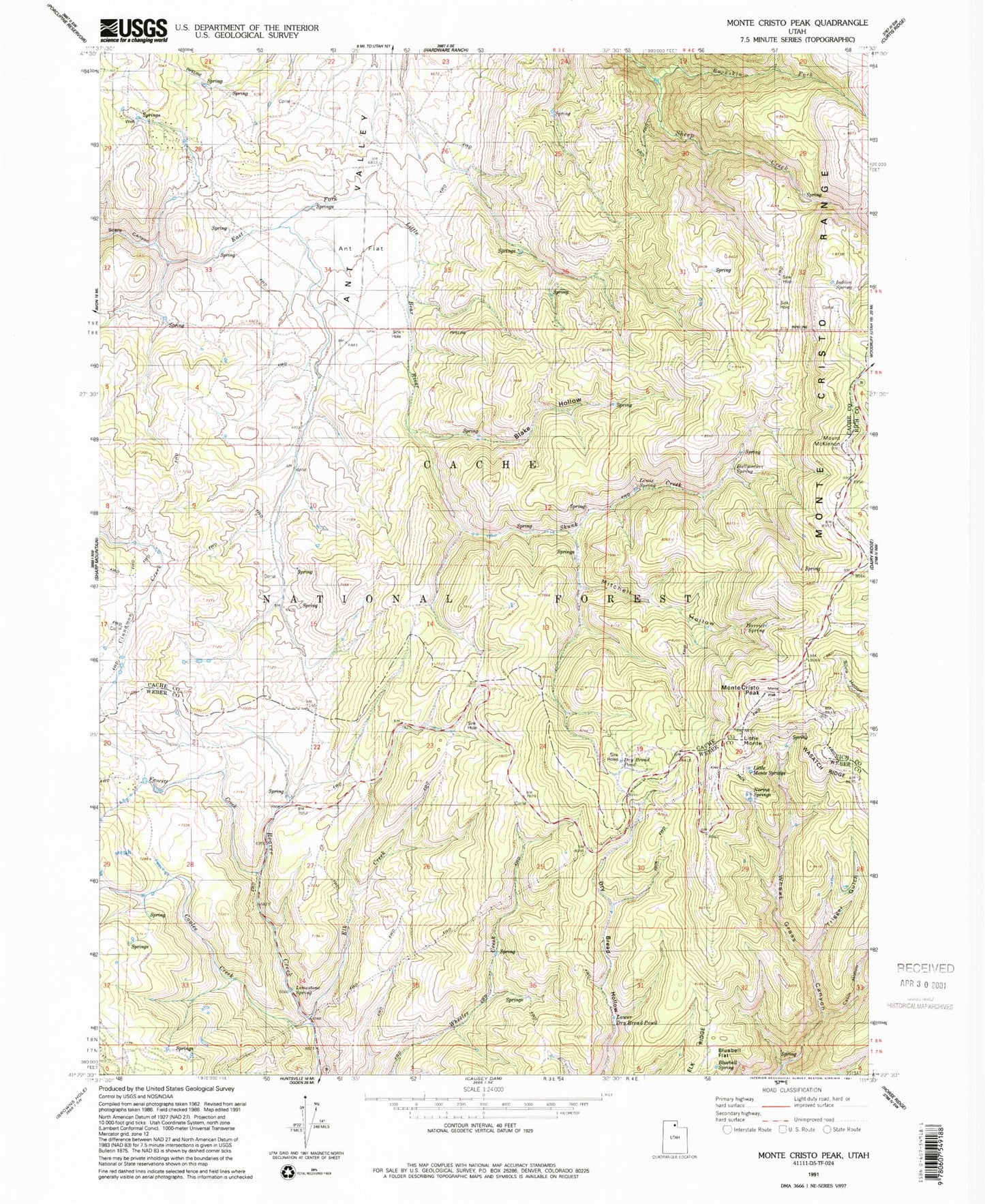 Classic USGS Monte Cristo Peak Utah 7.5'x7.5' Topo Map Image