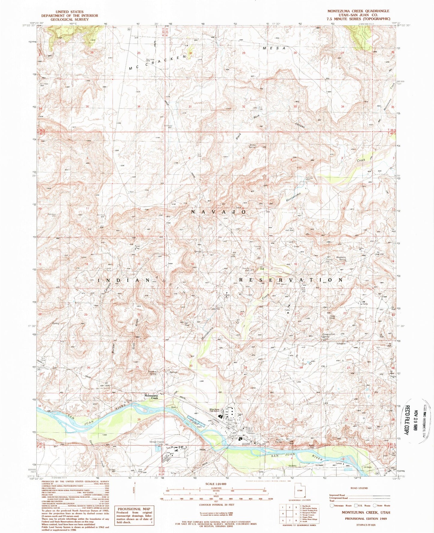 Classic USGS Montezuma Creek Utah 7.5'x7.5' Topo Map Image