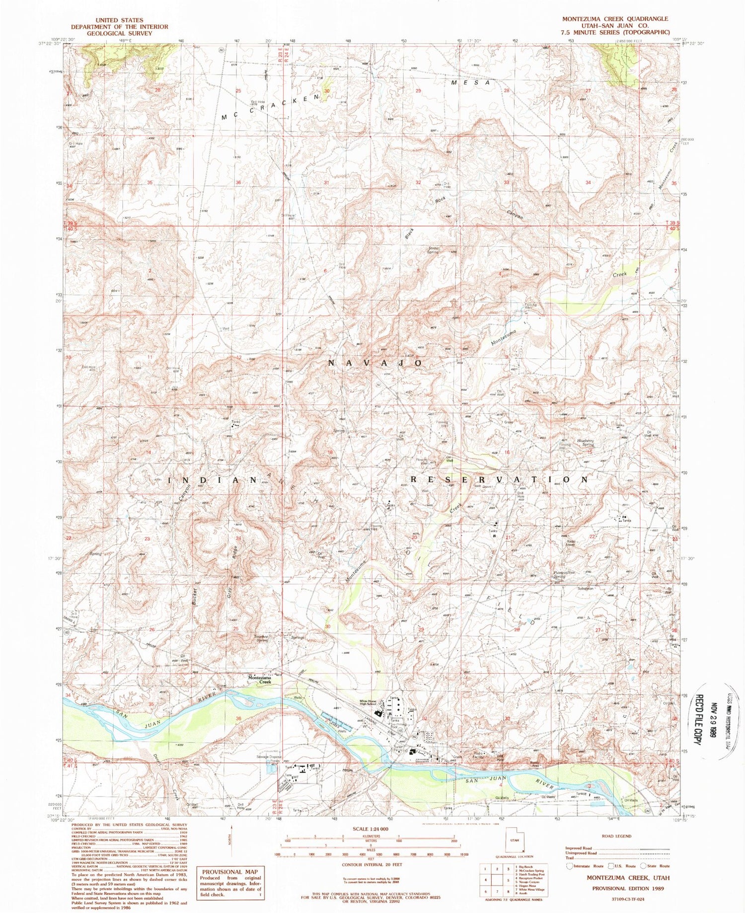 Classic USGS Montezuma Creek Utah 7.5'x7.5' Topo Map Image
