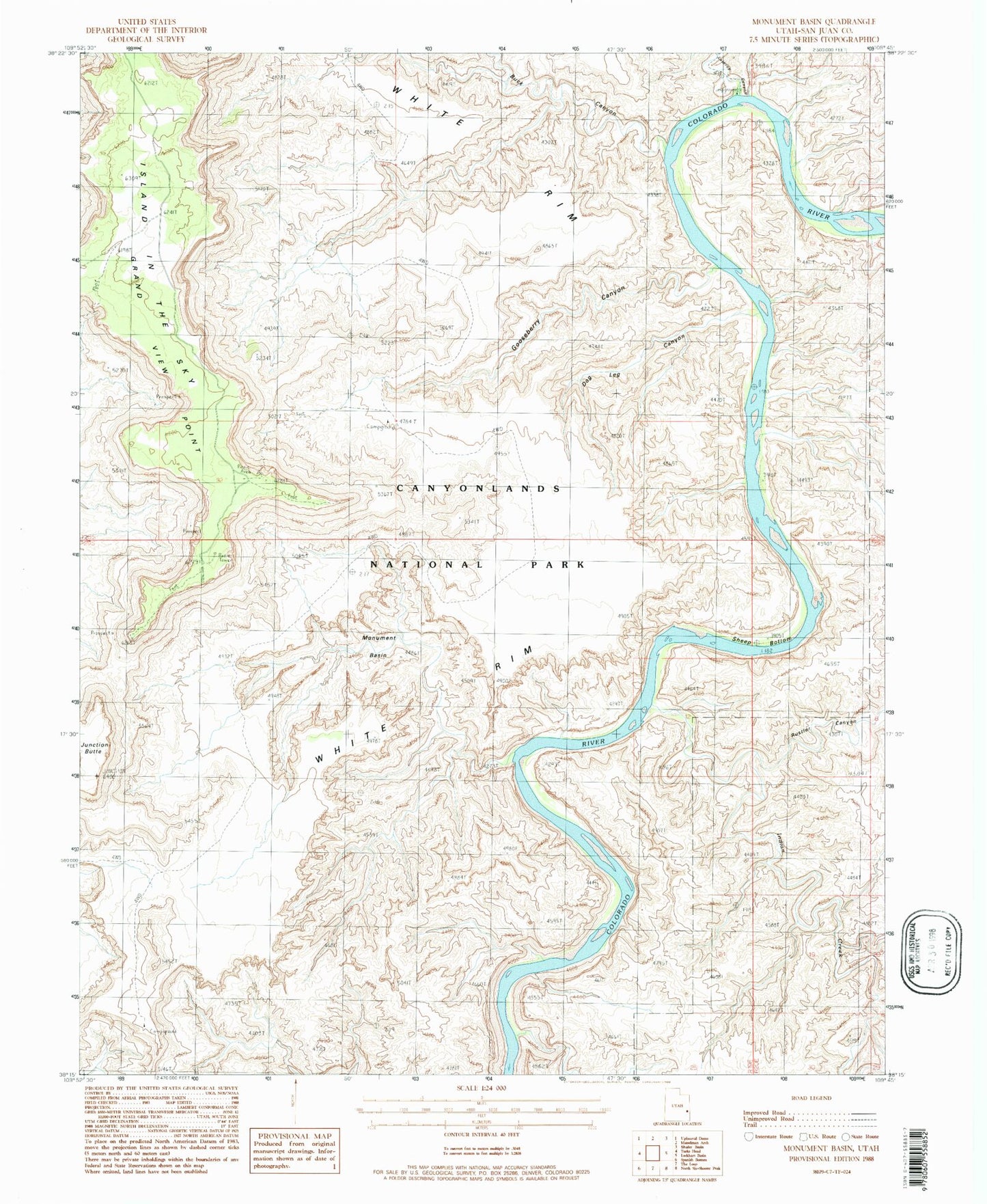 Classic USGS Monument Basin Utah 7.5'x7.5' Topo Map Image