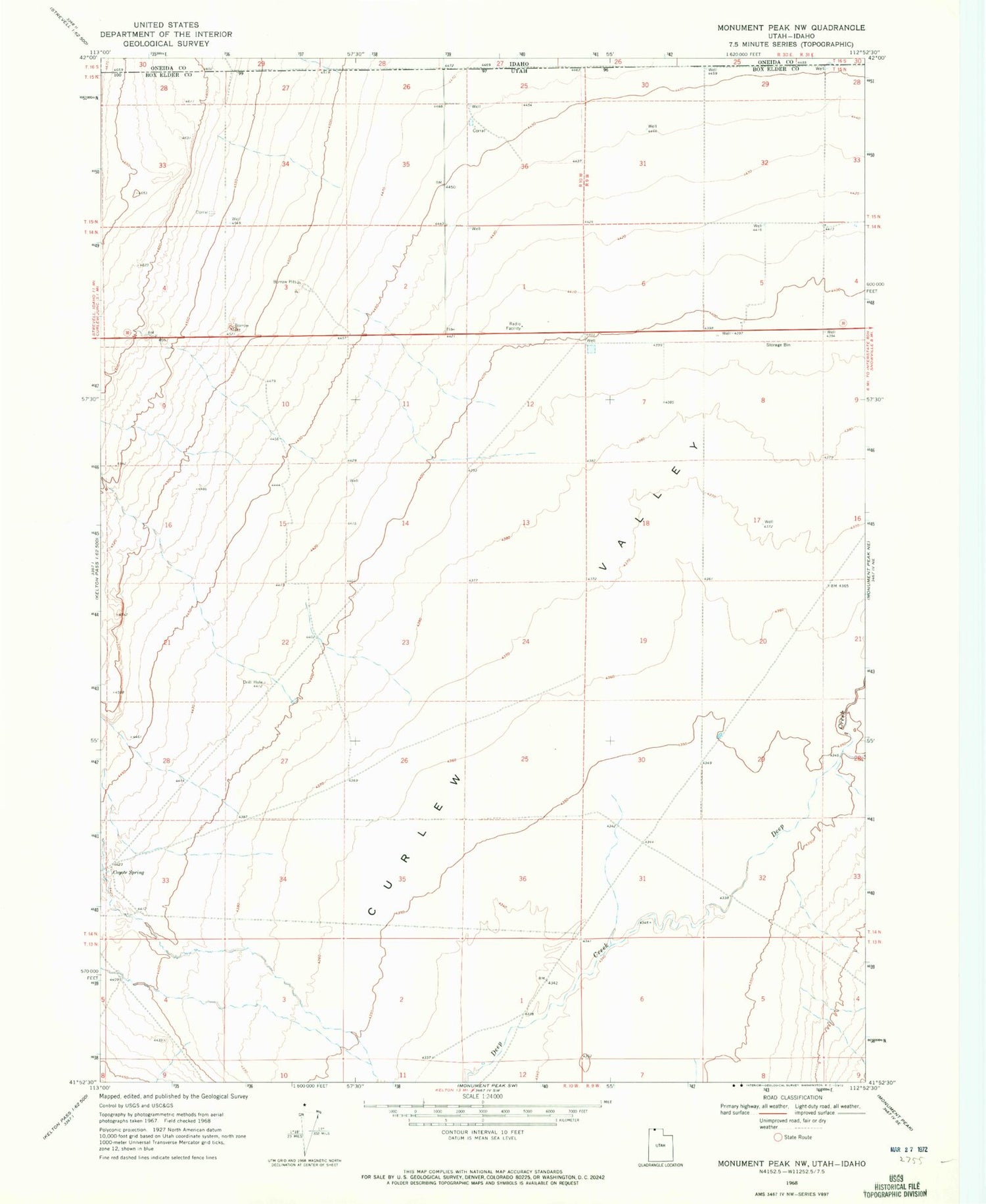 Classic USGS Monument Peak NW Utah 7.5'x7.5' Topo Map Image