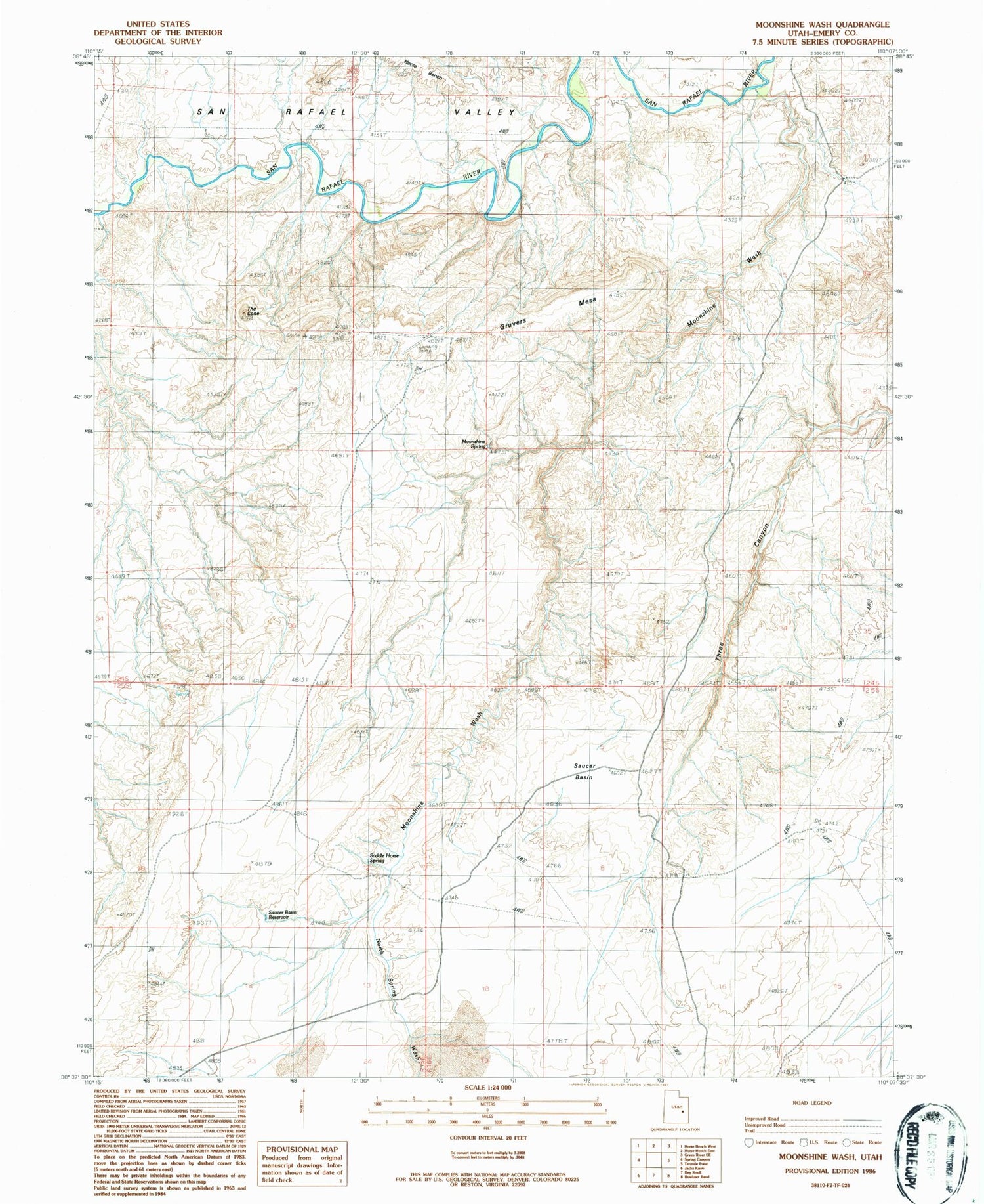 Classic USGS Moonshine Wash Utah 7.5'x7.5' Topo Map Image