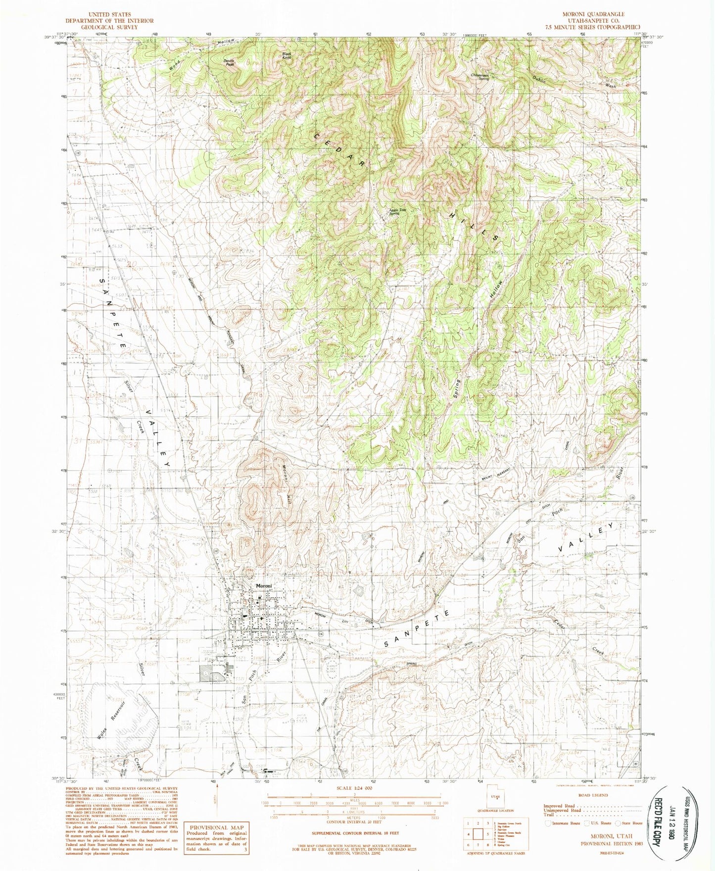 Classic USGS Moroni Utah 7.5'x7.5' Topo Map Image