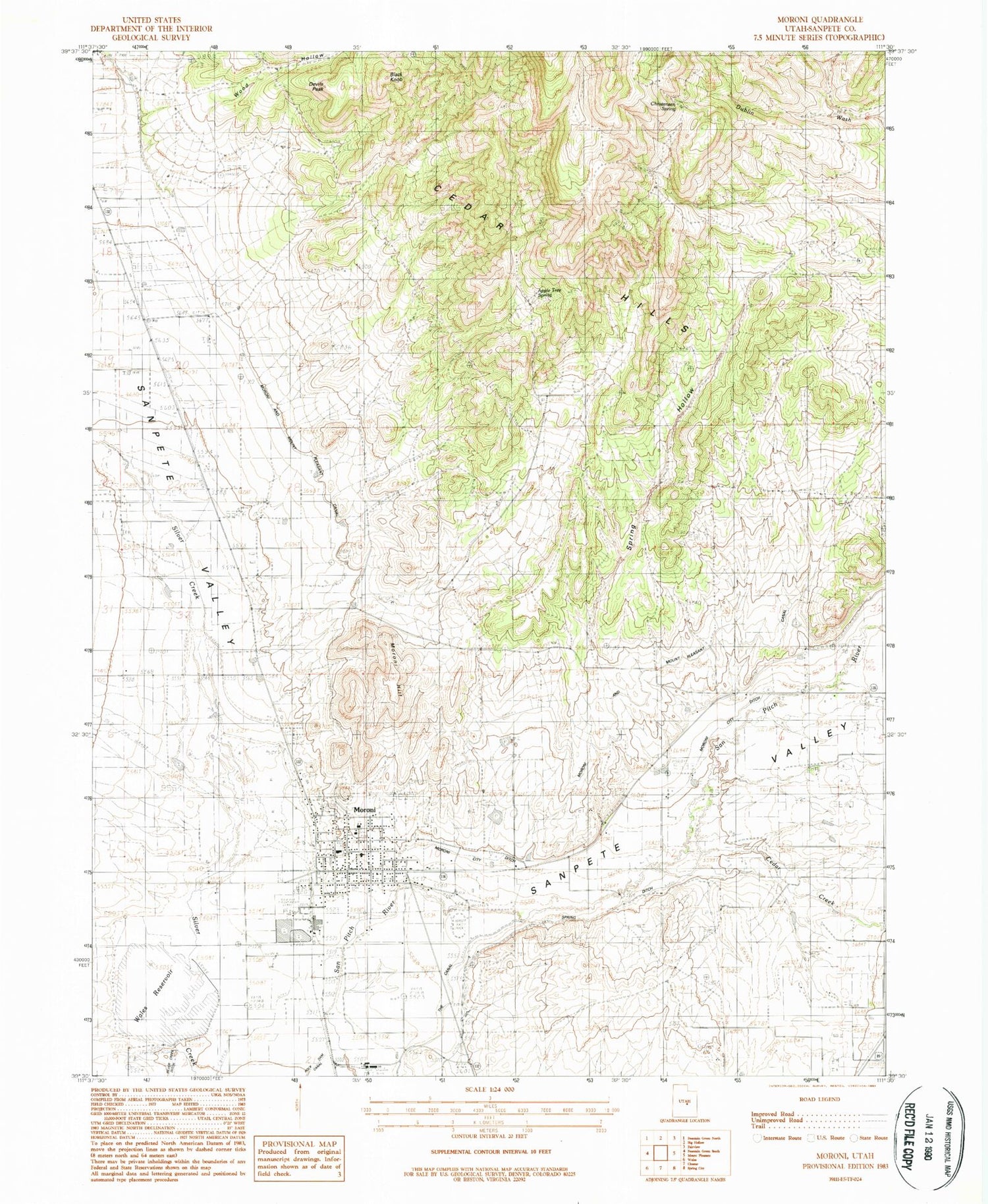 Classic USGS Moroni Utah 7.5'x7.5' Topo Map Image
