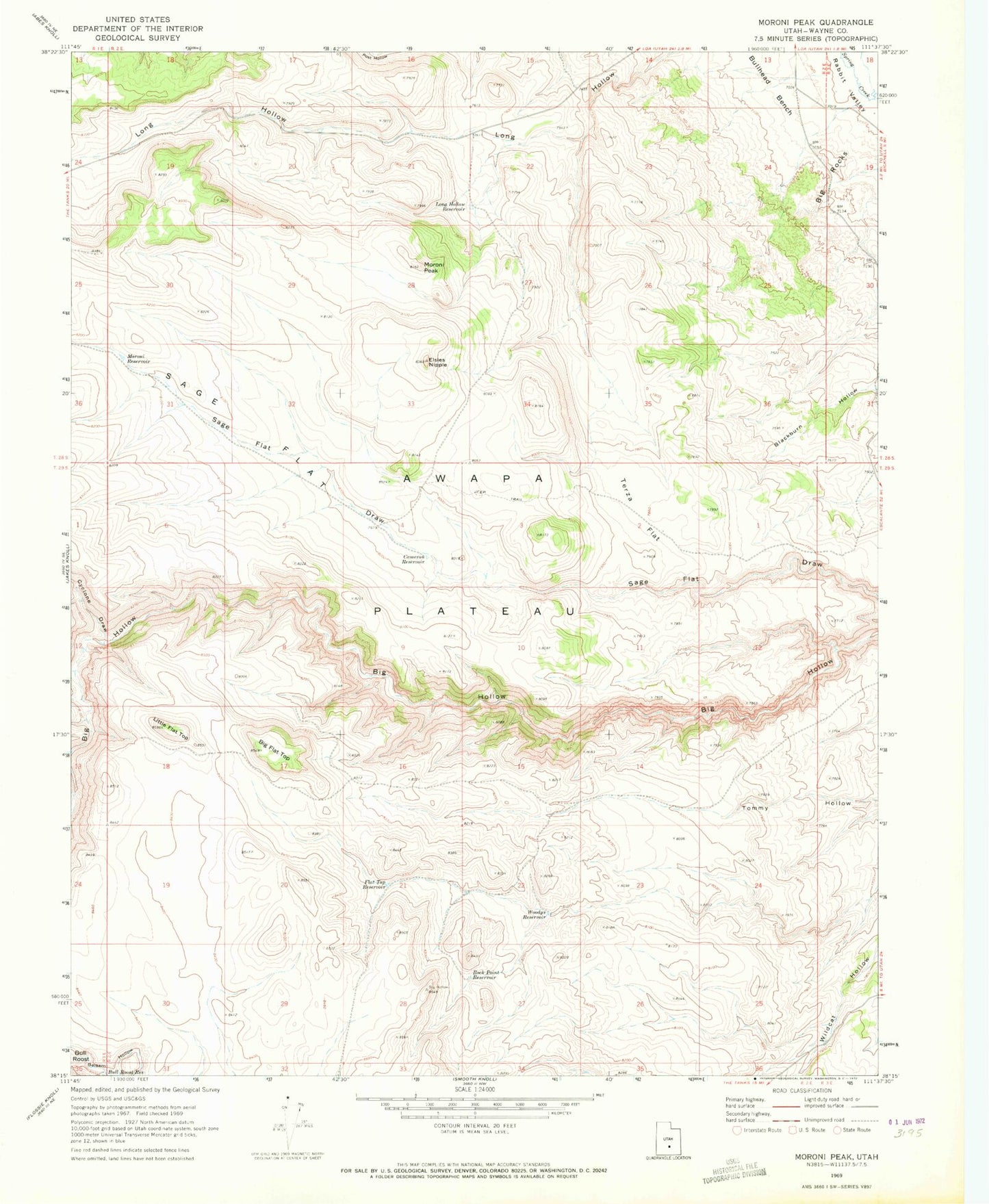 Classic USGS Moroni Peak Utah 7.5'x7.5' Topo Map Image