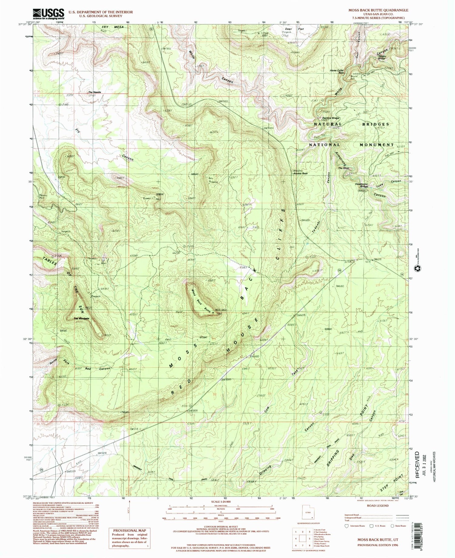 Classic USGS Moss Back Butte Utah 7.5'x7.5' Topo Map Image