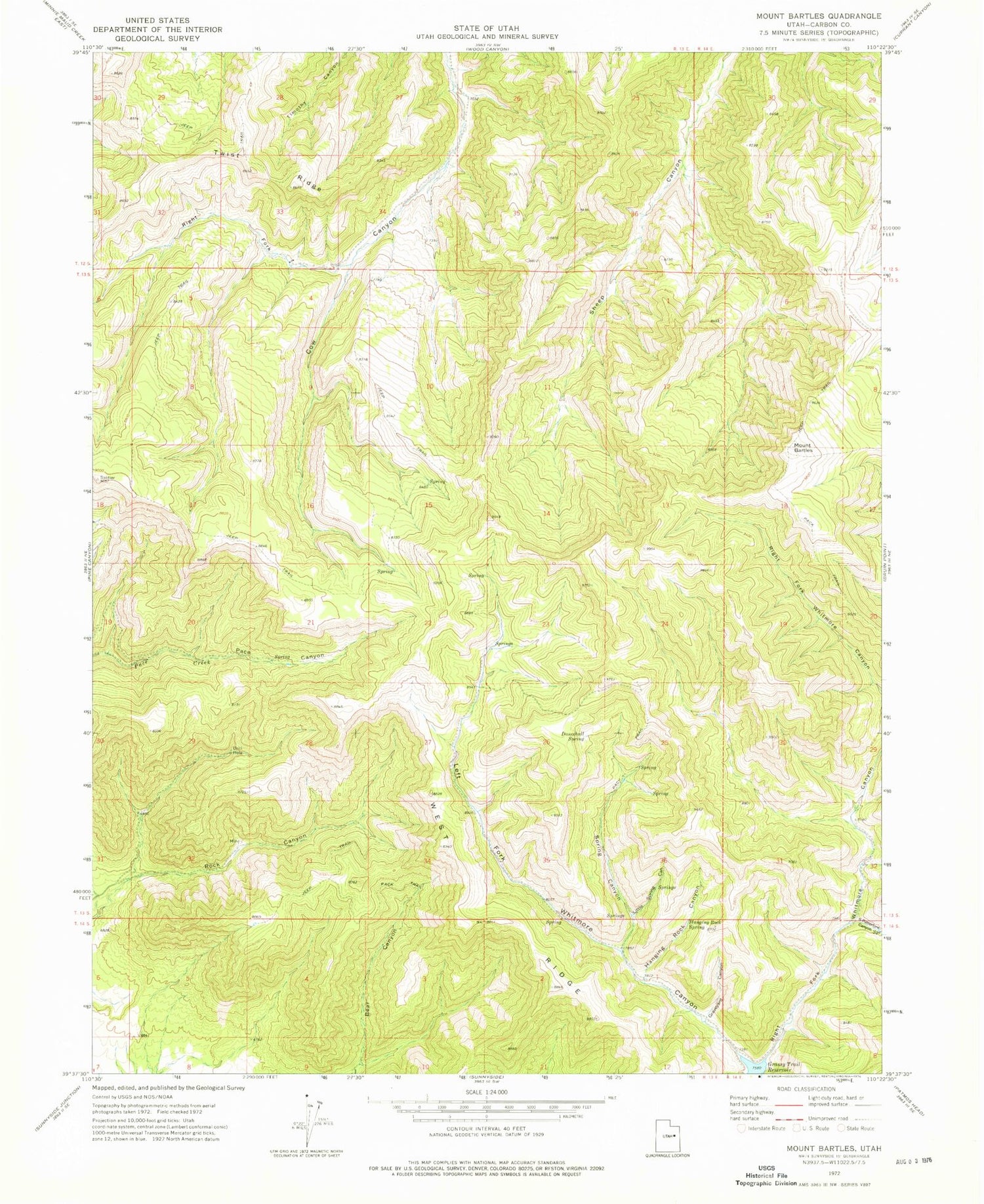 Classic USGS Mount Bartles Utah 7.5'x7.5' Topo Map Image