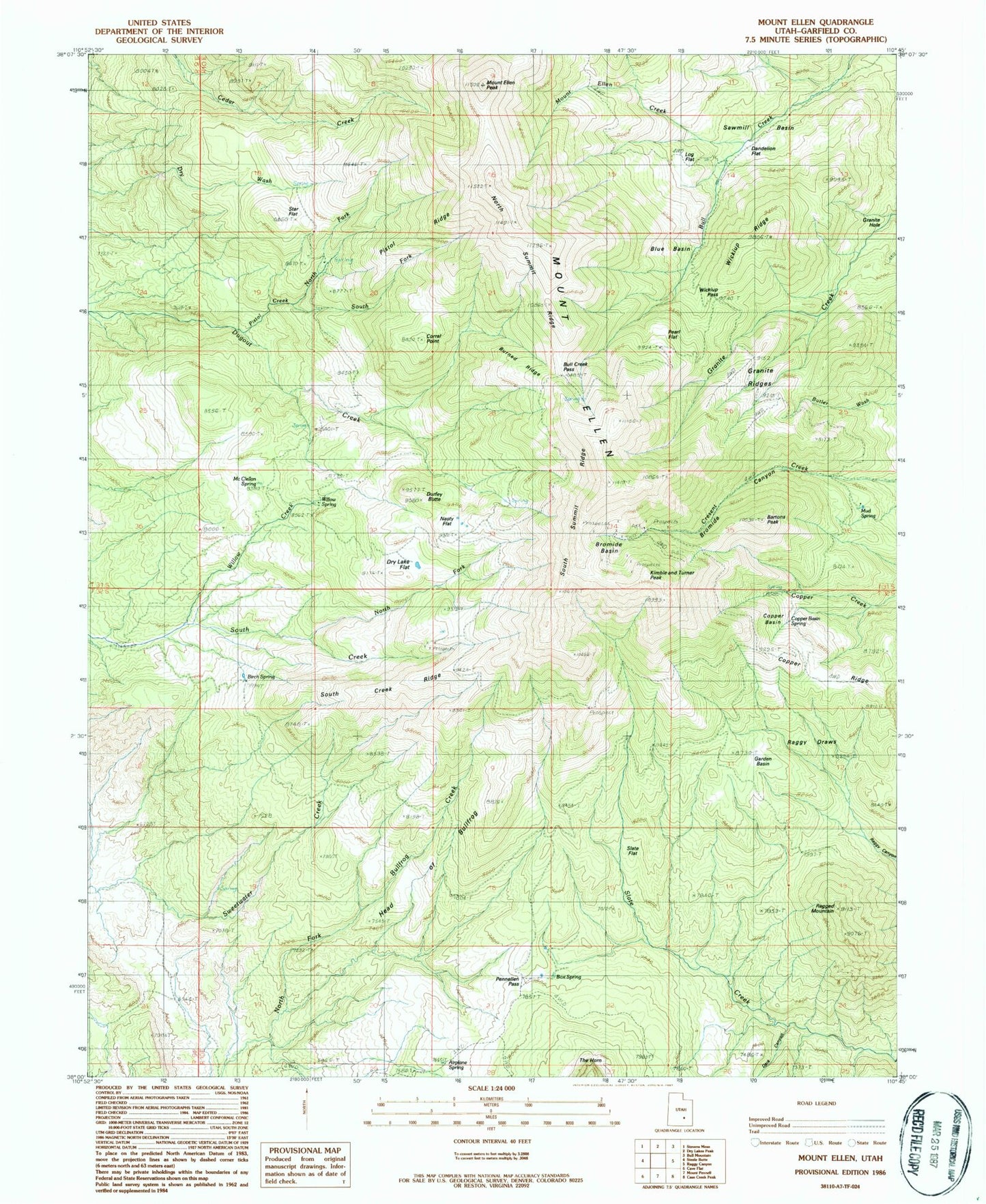 Classic USGS Mount Ellen Utah 7.5'x7.5' Topo Map Image