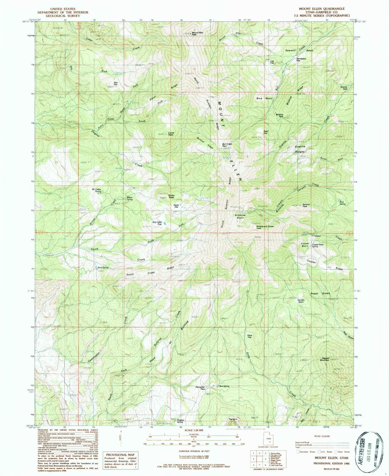 Classic USGS Mount Ellen Utah 7.5'x7.5' Topo Map Image