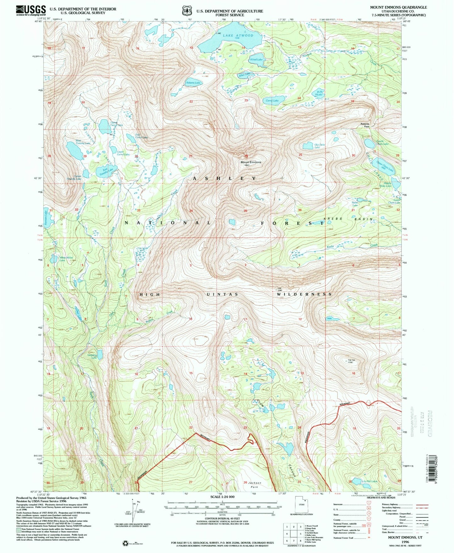 Classic USGS Mount Emmons Utah 7.5'x7.5' Topo Map Image