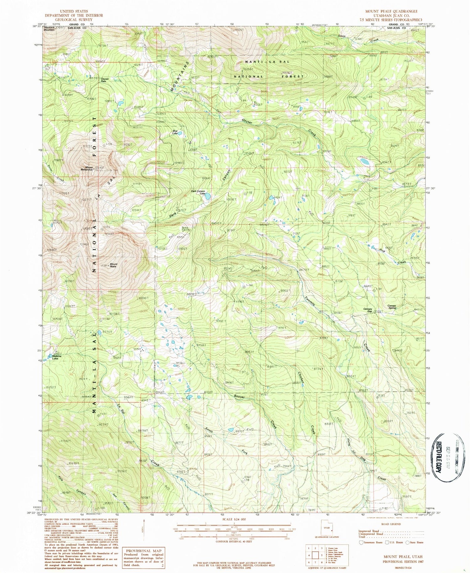 Classic USGS Mount Peale Utah 7.5'x7.5' Topo Map Image