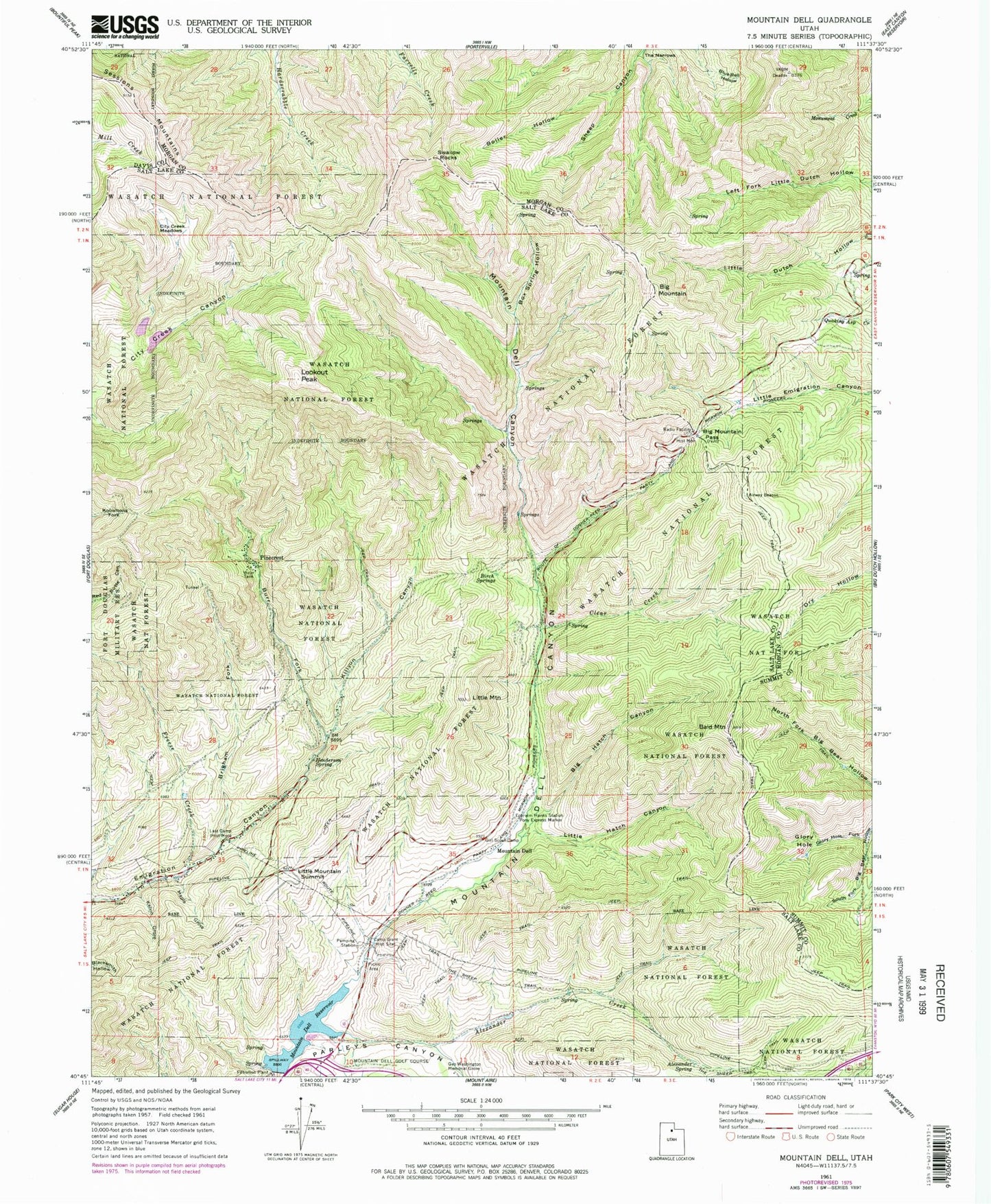 Classic USGS Mountain Dell Utah 7.5'x7.5' Topo Map Image