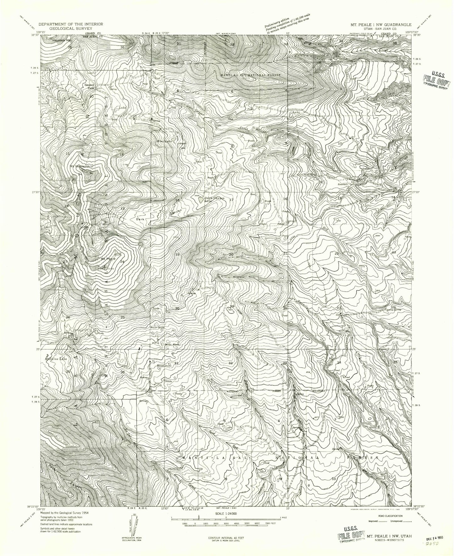 Classic USGS Mount Peale Utah 7.5'x7.5' Topo Map Image