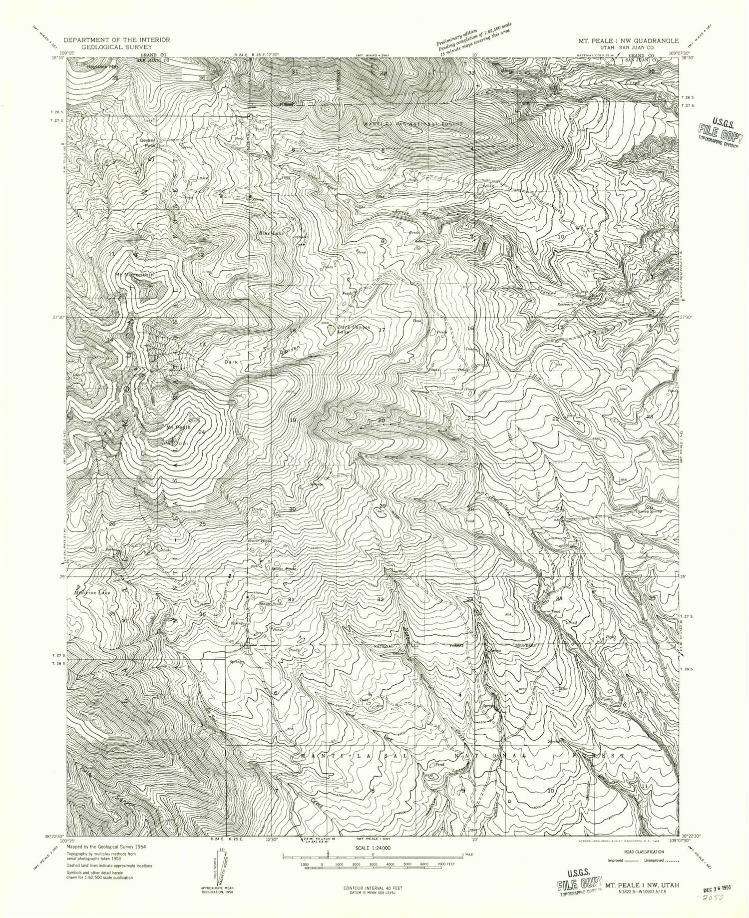 Classic USGS Mount Peale Utah 7.5'x7.5' Topo Map Image