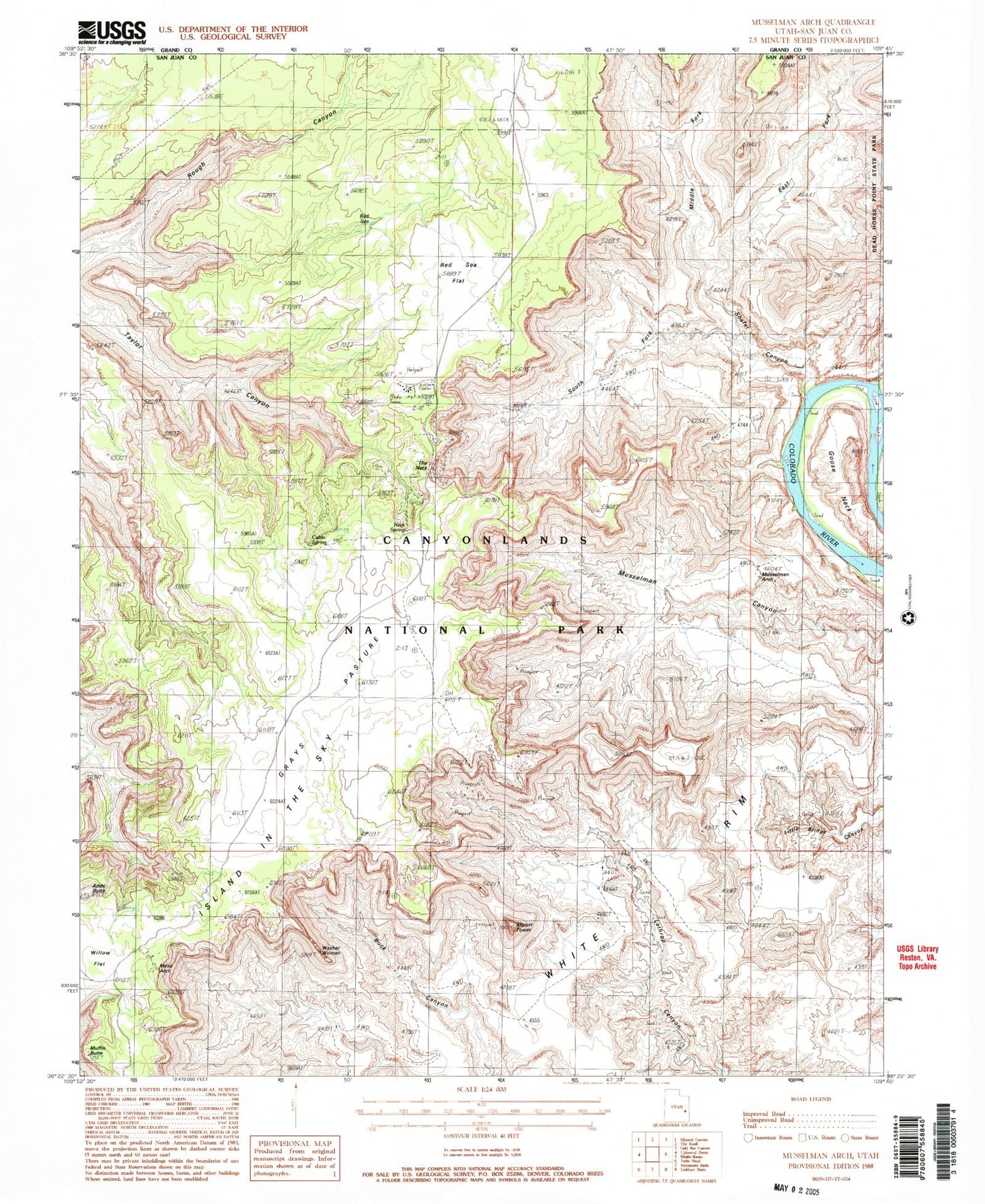 Classic USGS Musselman Arch Utah 7.5'x7.5' Topo Map Image