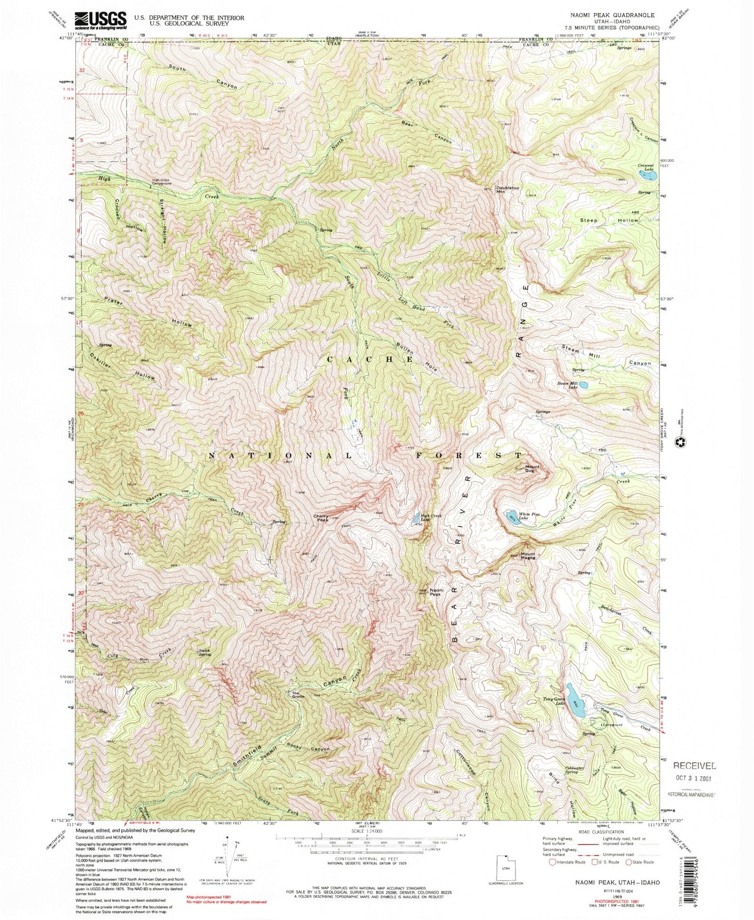 Classic USGS Naomi Peak Utah 7.5'x7.5' Topo Map Image