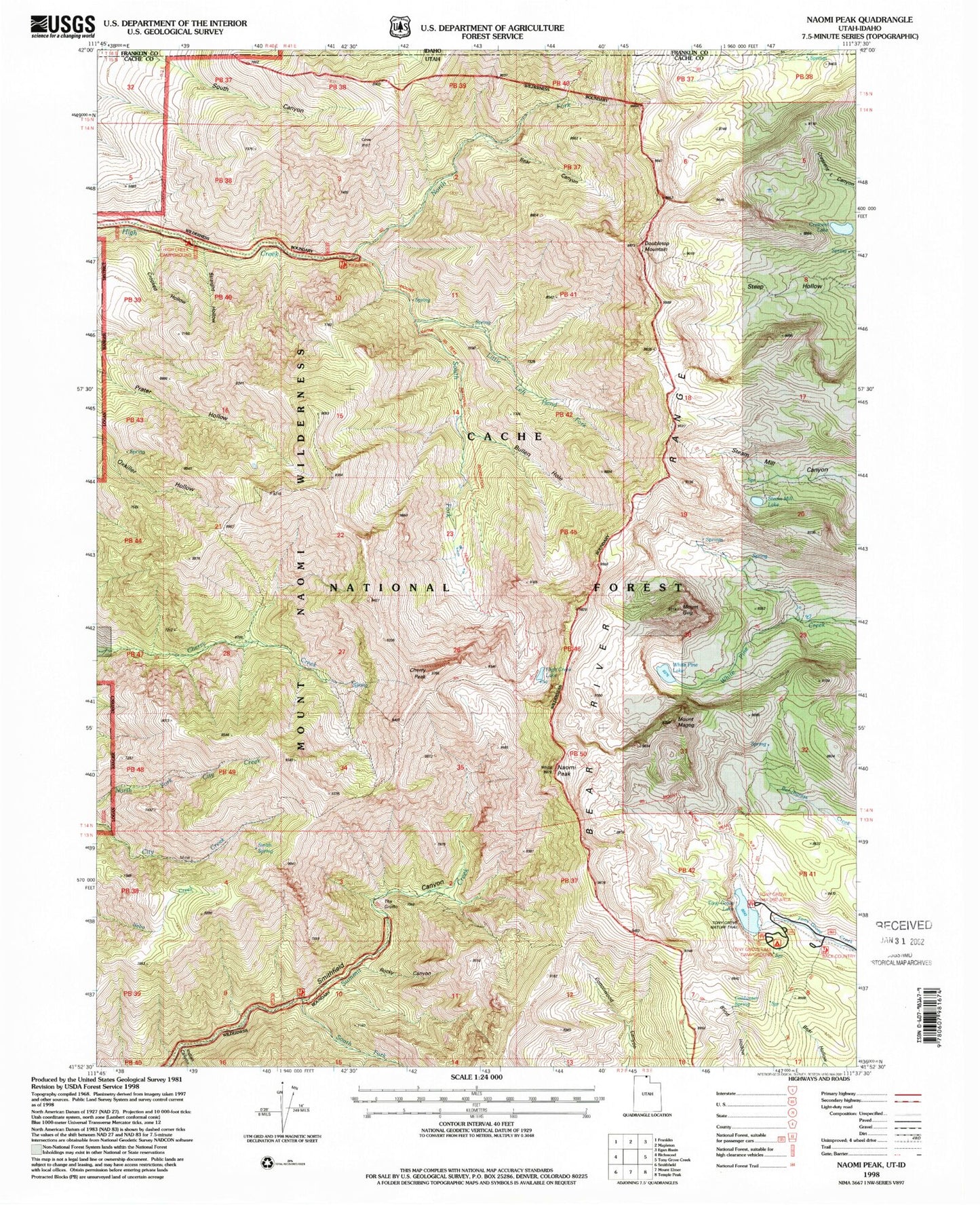 Classic USGS Naomi Peak Utah 7.5'x7.5' Topo Map Image