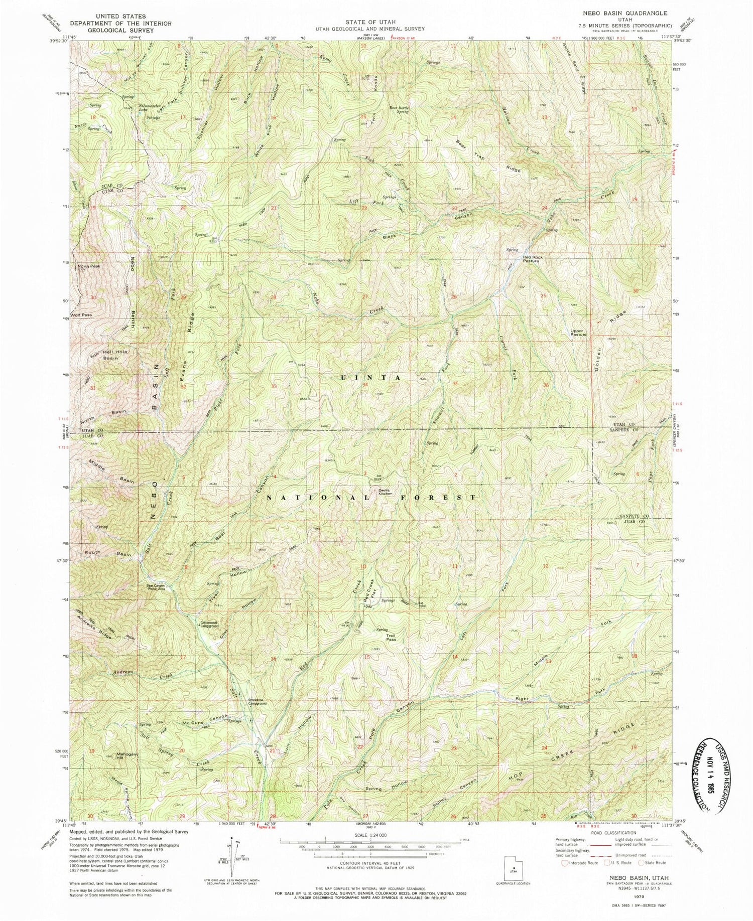 Classic USGS Nebo Basin Utah 7.5'x7.5' Topo Map Image